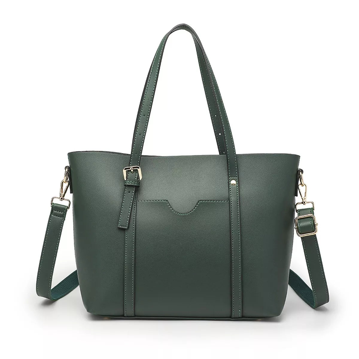 Green medium vegan leather tote bag with double top handles and detachable crossbody strap