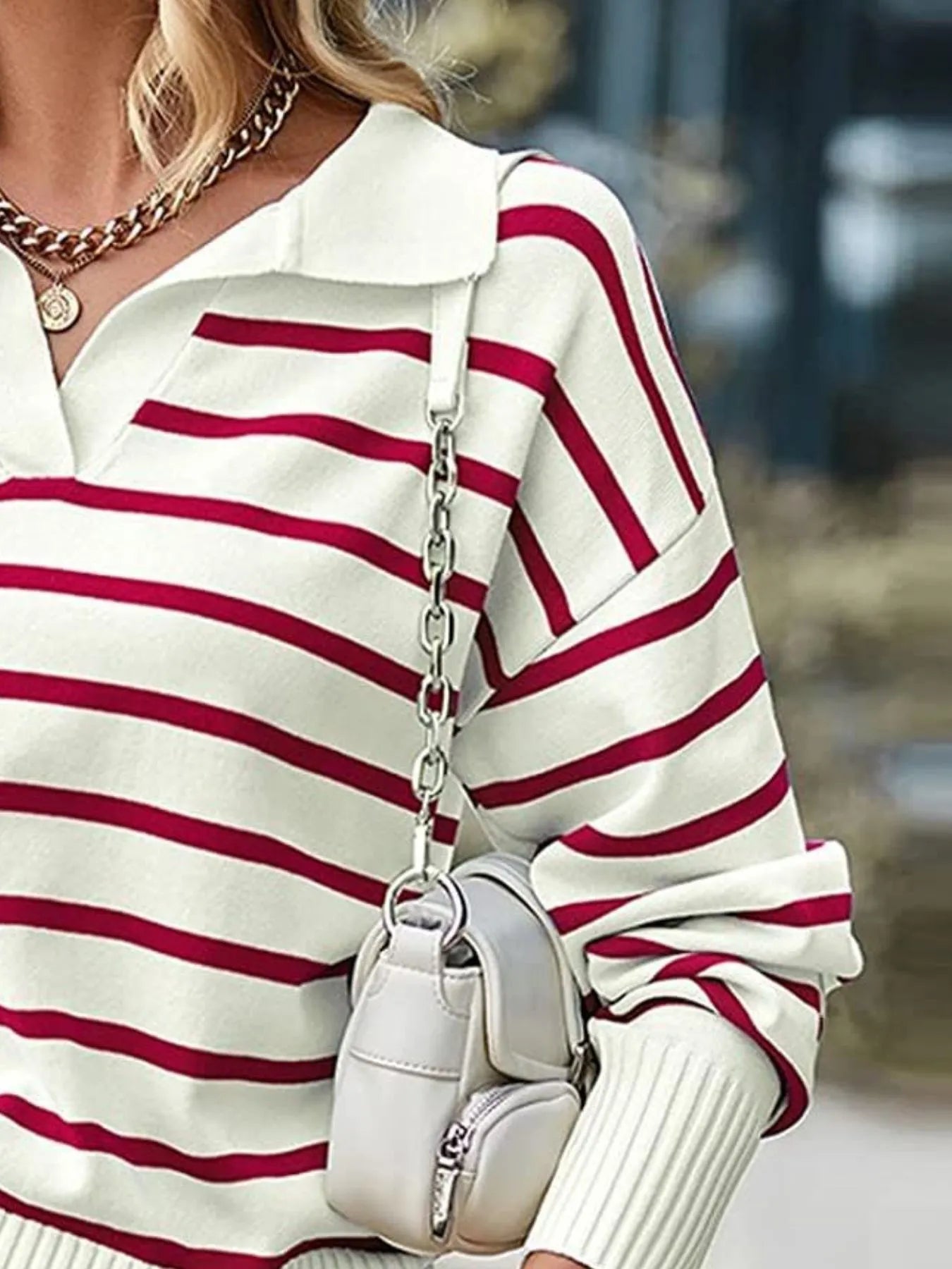Striped sweater with ribbed hem, white knit with scarlet horizontal stripes and polo collar