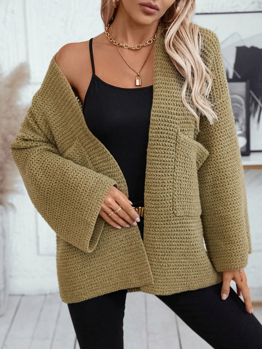 Moss open-front long sleeve cardigan with textured knit and patch pockets