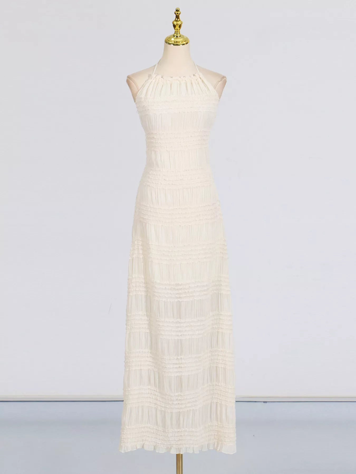 Cedar & Moore Ruched Halter Neck Maxi Dress in cream with tied, smocked panels