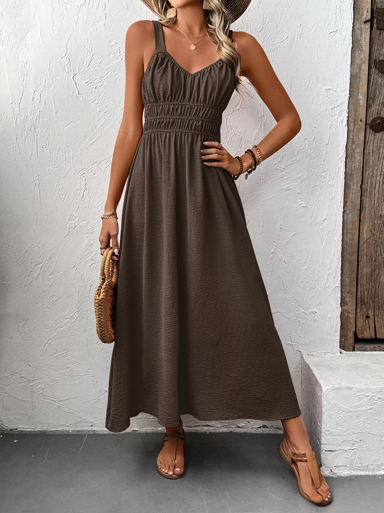 Cedar & Moore sleeveless smocked casual midi dress in taupe-brown