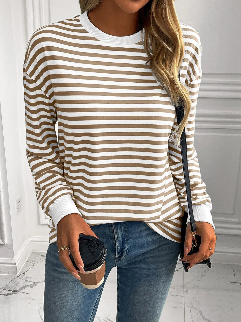 Striped long-sleeve sweatshirt with round neck, tan and white stripes, white ribbed trim