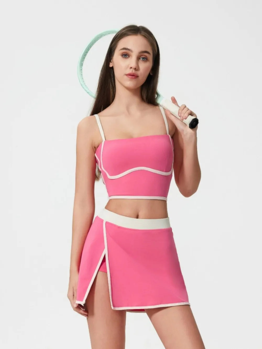 Fuchsia pink active cami and matching skirt set with white contrast trim