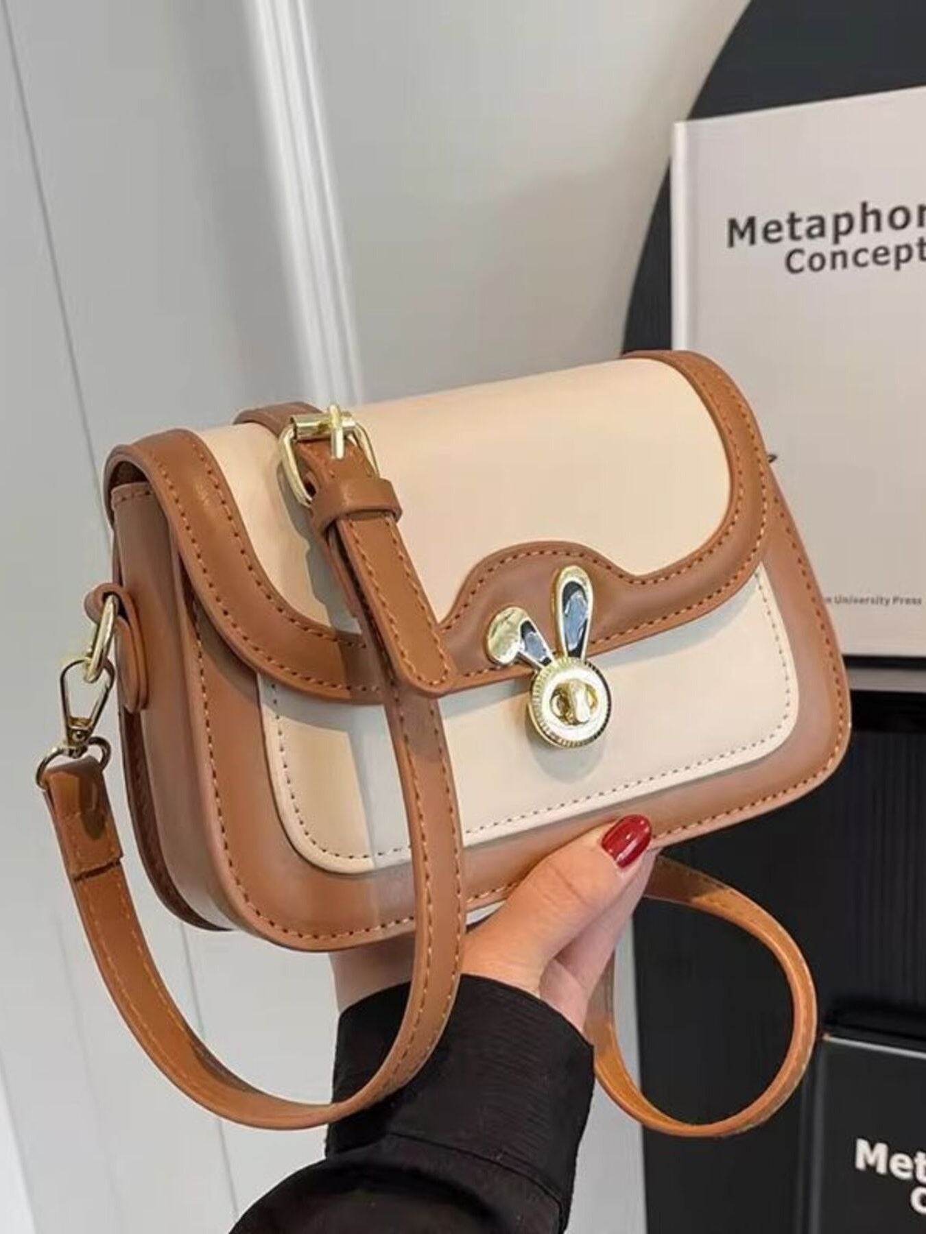 Rabbit Decor Color Block Flap Crossbody Bag, tan and ivory PU leather, mini size with gold hardware