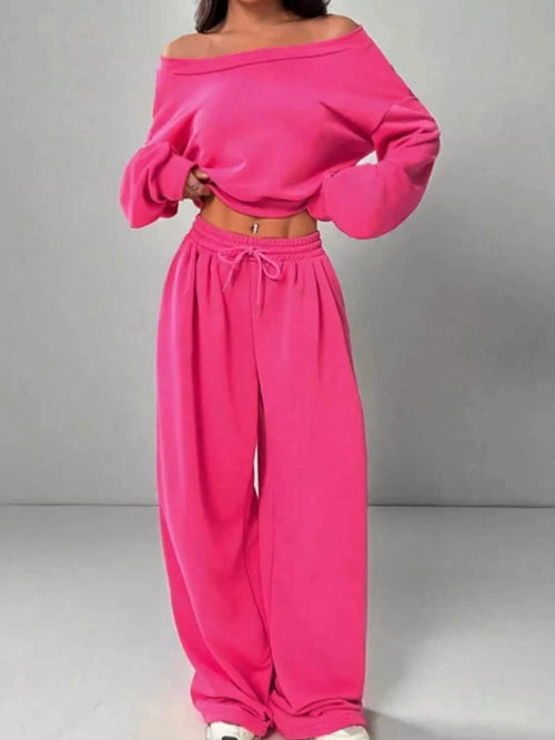 Rose red boat-neck long-sleeve top with gathered waist drawstring pants