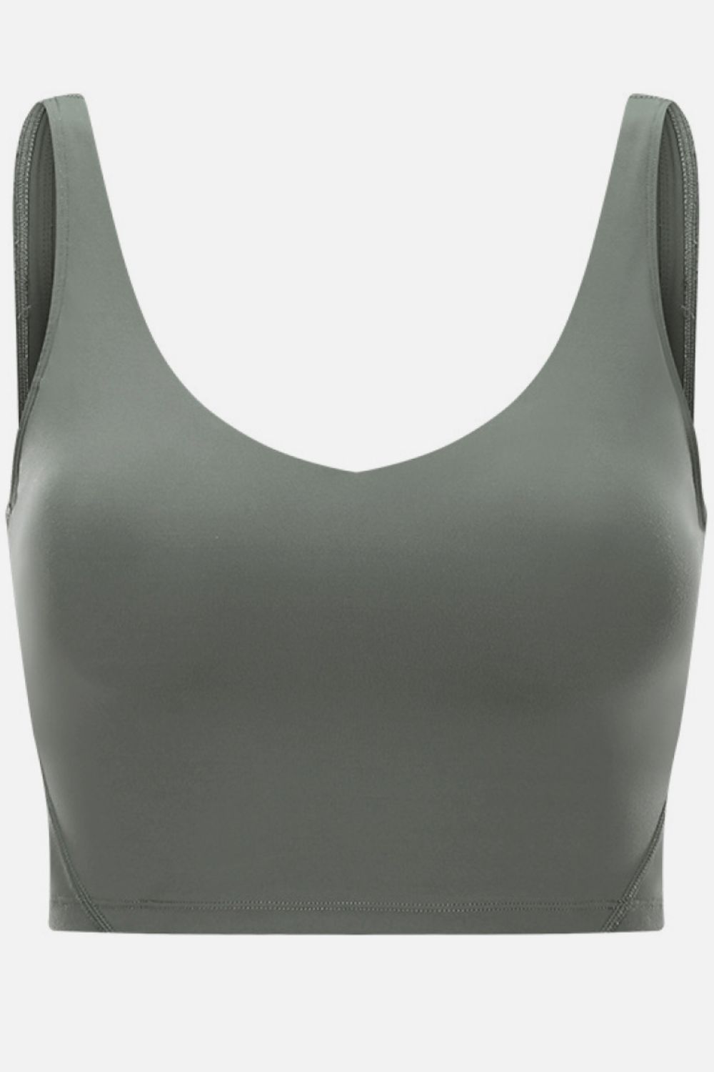 Moss green scoop-back sports bra with smooth fabric and wide straps
