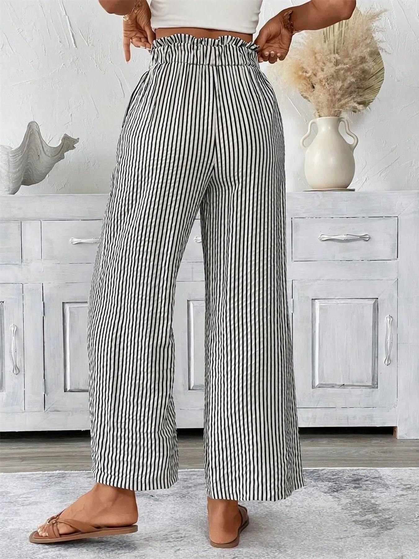 Striped paper bag waist wide-leg pants, black and white pinstripe, full length