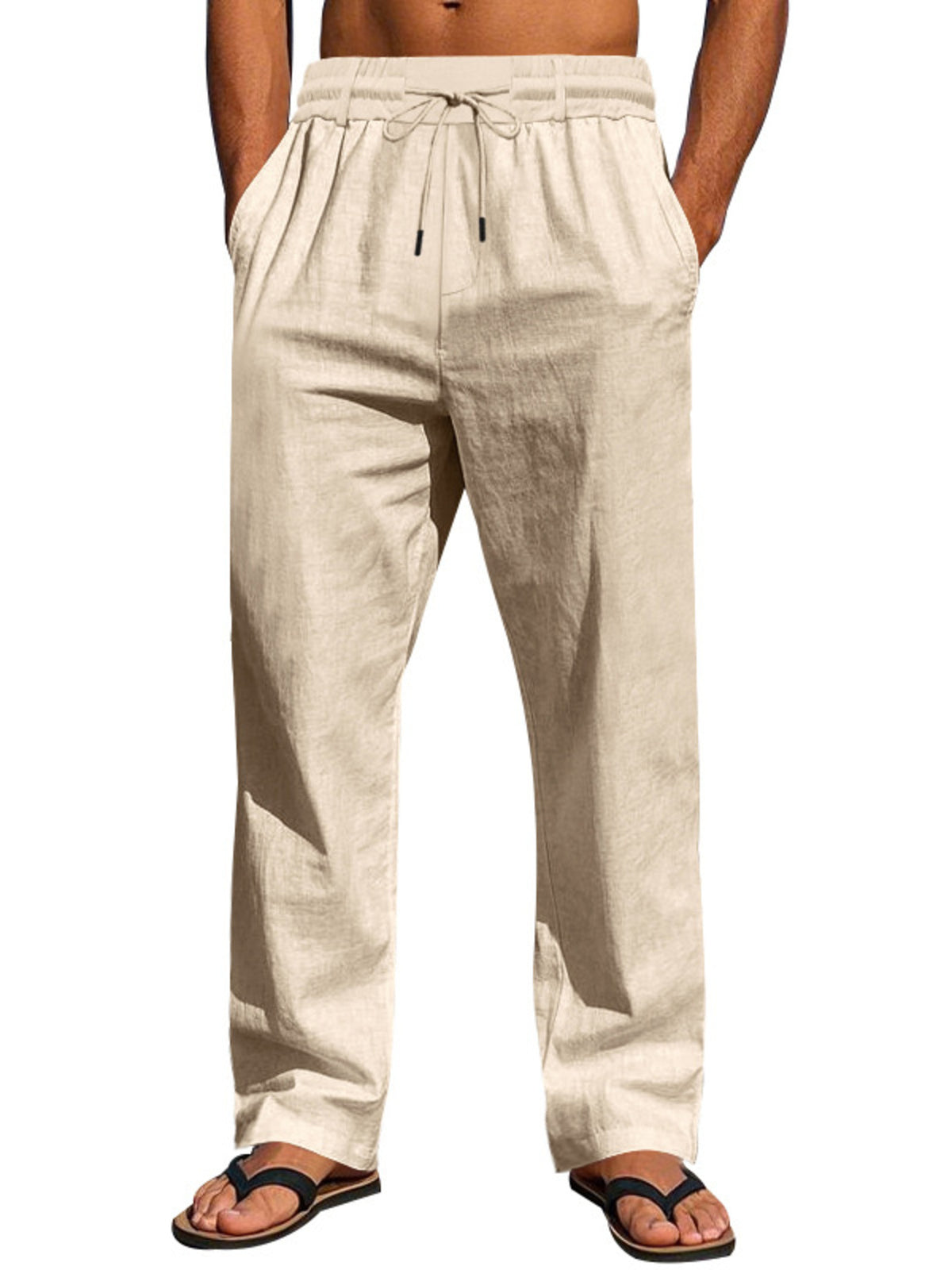 Lightweight men’s drawstring pants in light cream, elastic waist, roomy straight legs