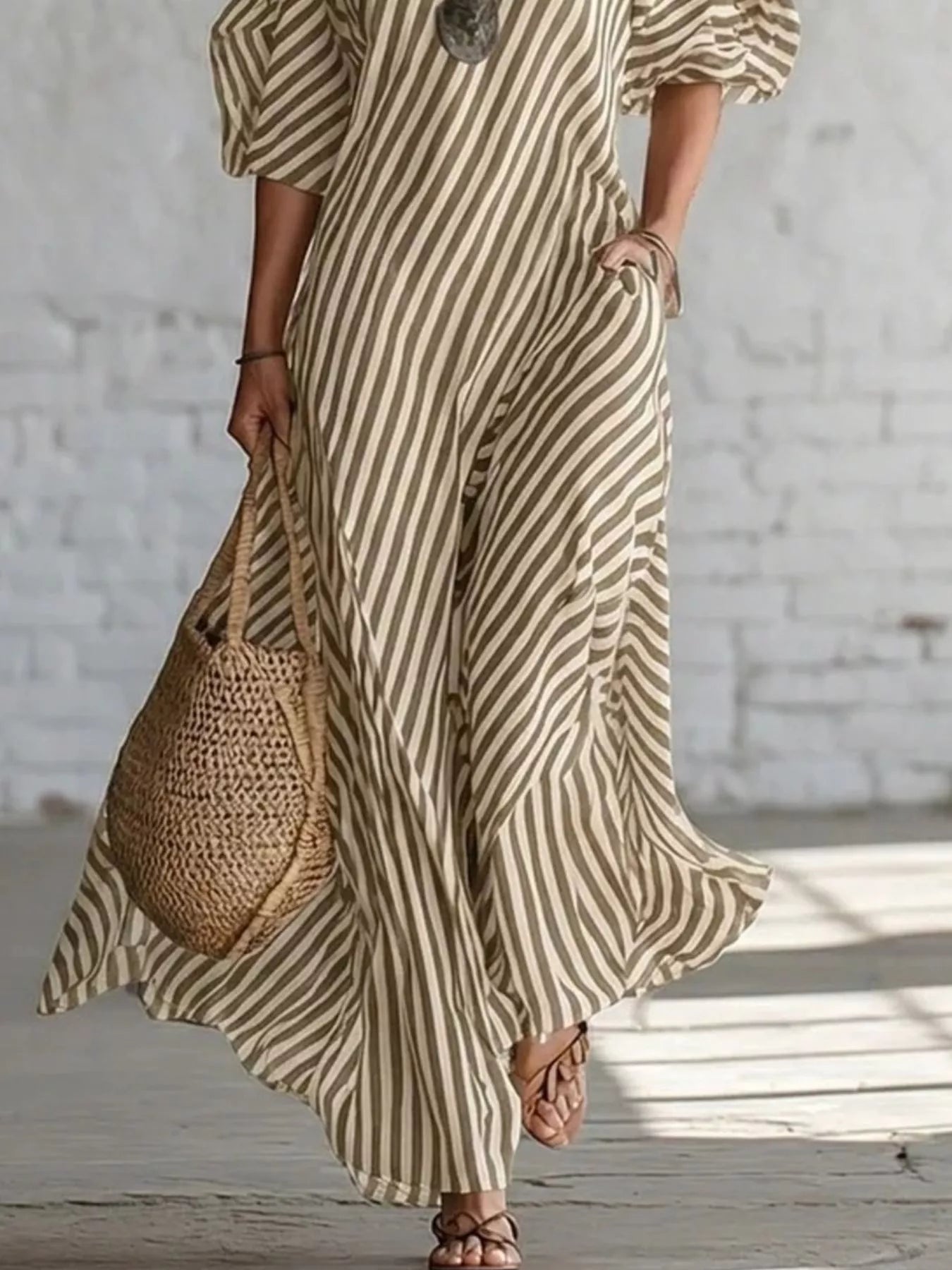 Cedar & Moore striped one-shoulder casual maxi dress, beige/cream, plus size by Trendsi