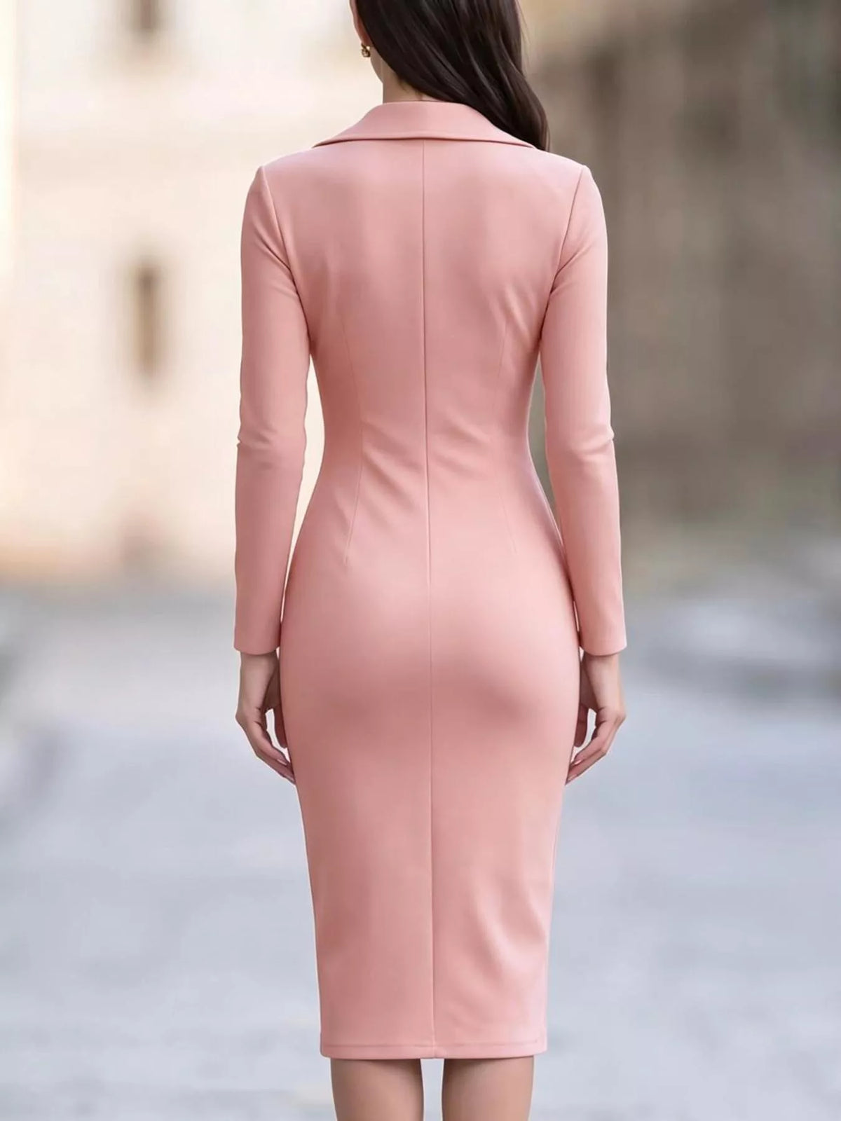 Blush pink asymmetric zipper lapel bodycon dress, back view, long sleeves