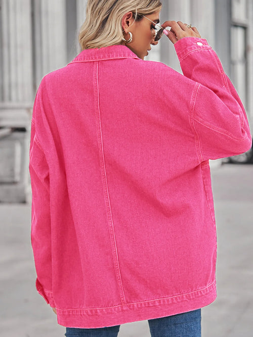 Hot pink denim button-up jacket back view with long sleeves and stitched seam details