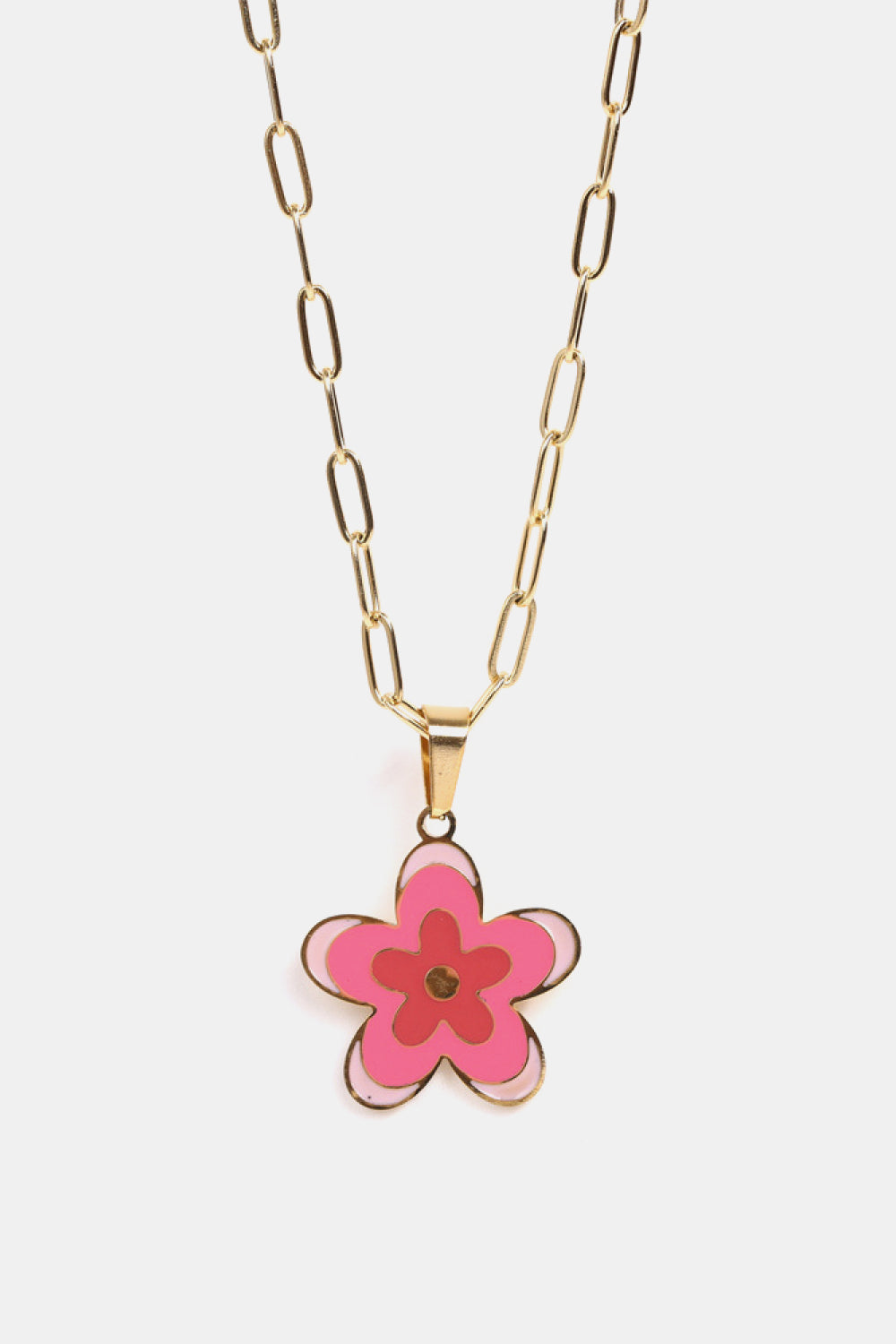 Gold-tone flower pendant necklace with pink enamel five-petal flower charm