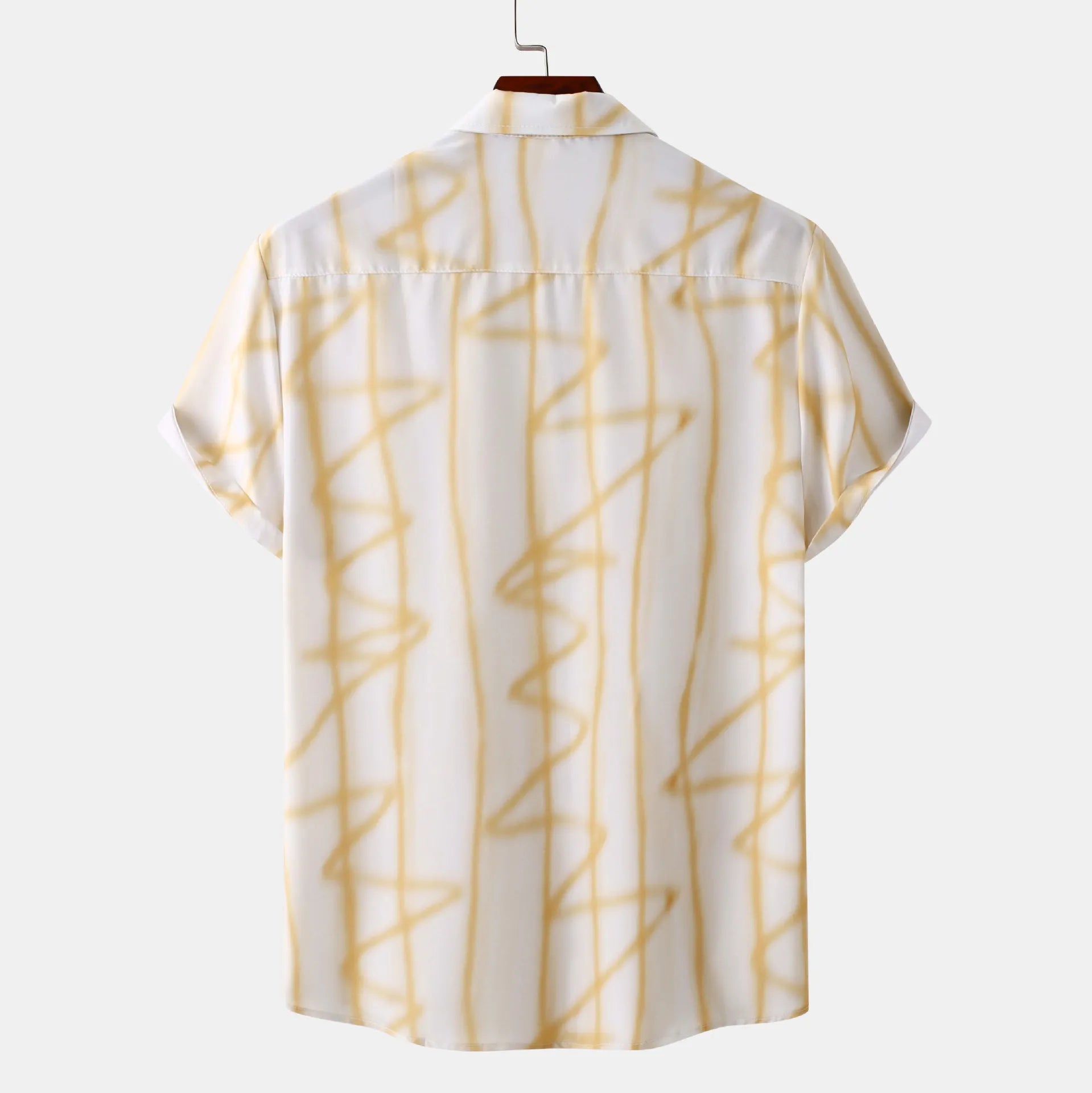 Men's plus size short-sleeve shirt, back view, gold abstract lines on light cream