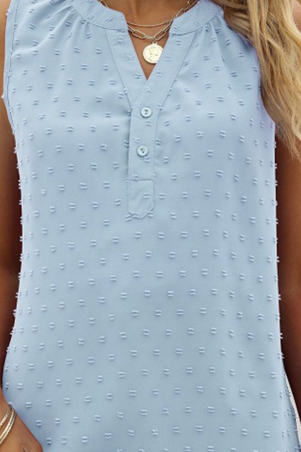 Swiss-dot notched-neck tank, light blue, sleeveless button placket detail
