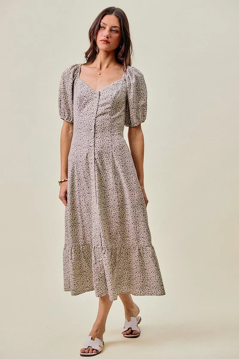 Ditsy floral V-neck maxi dress with elastic waist, self belt, puff short sleeves