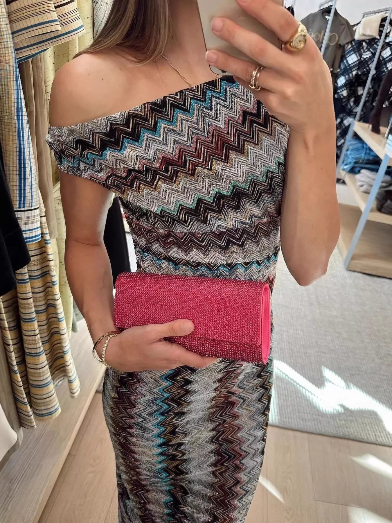 Cedar & Moore One-Shoulder Zigzag Knit Maxi Dress in multicolor chevron knit, off-shoulder neckline