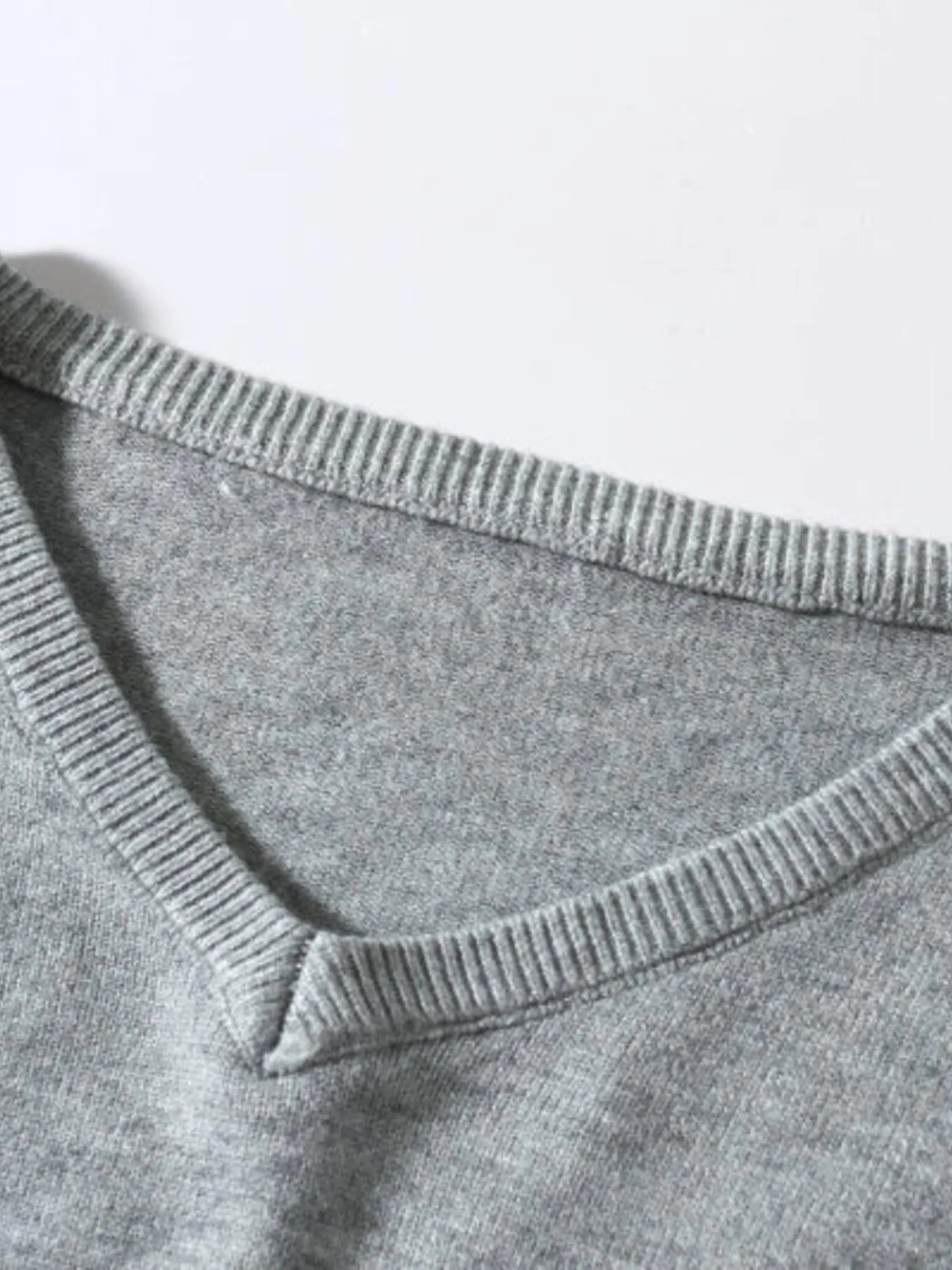 Men's long-sleeve ribbed-hem sweater neckline detail, gray heather knit