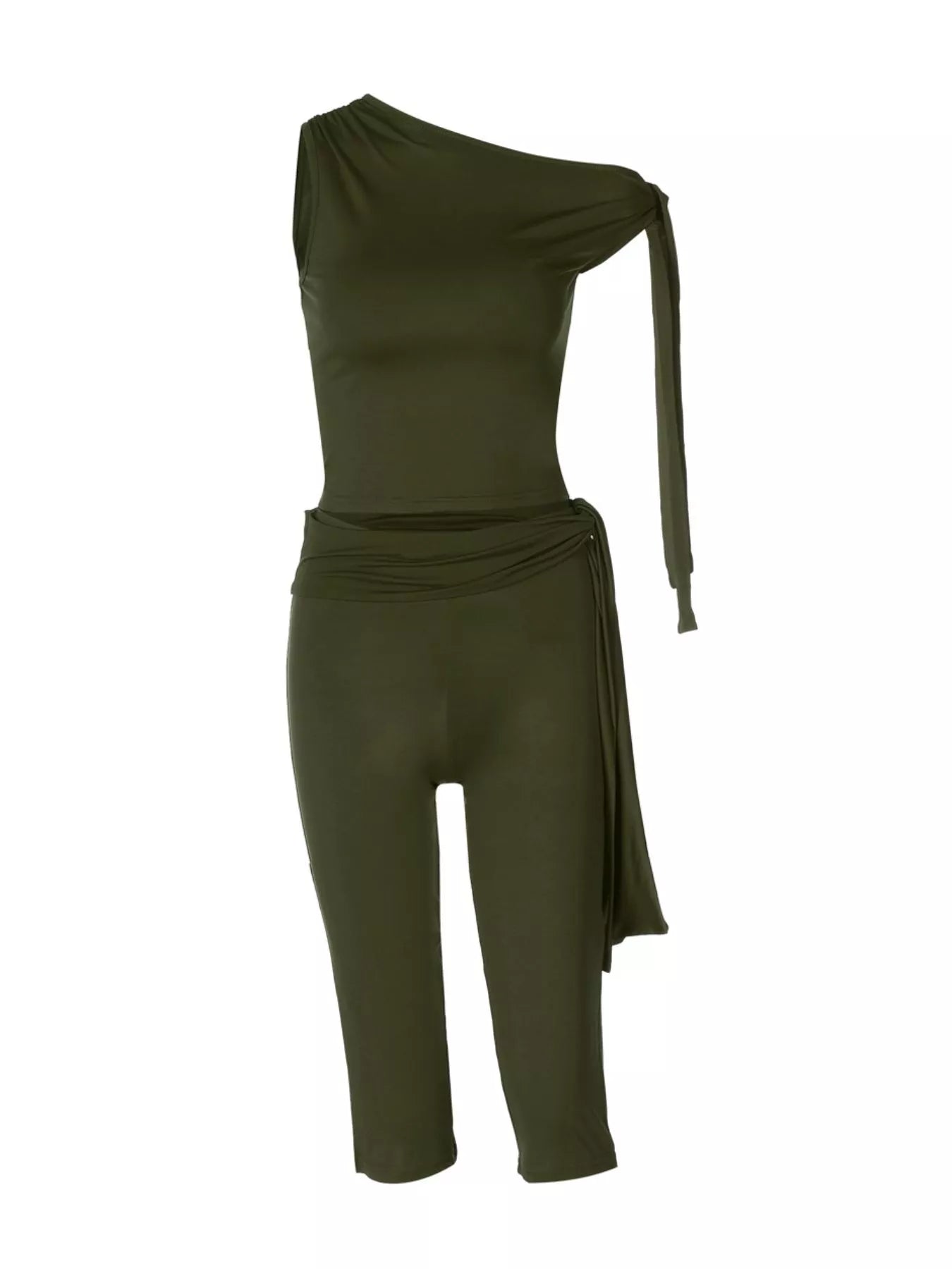Moss green one-shoulder tie-knot top with draped waist sash and capri pants