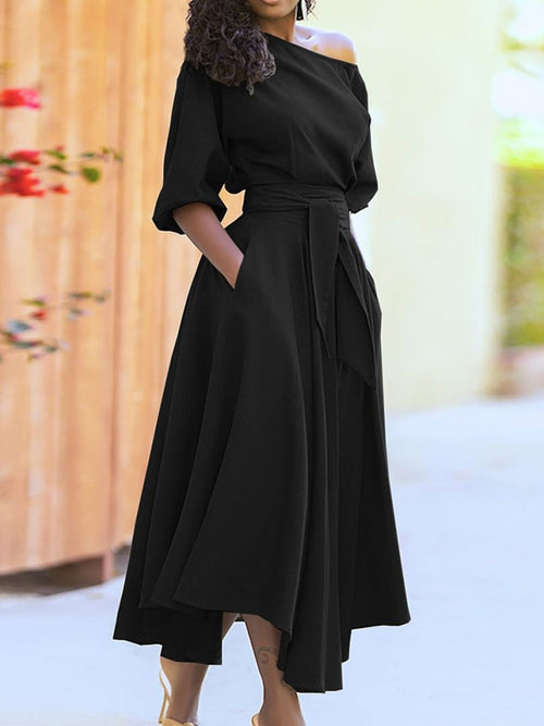 Black boat-neck tie-waist midi dress, three-quarter sleeves, gathered skirt