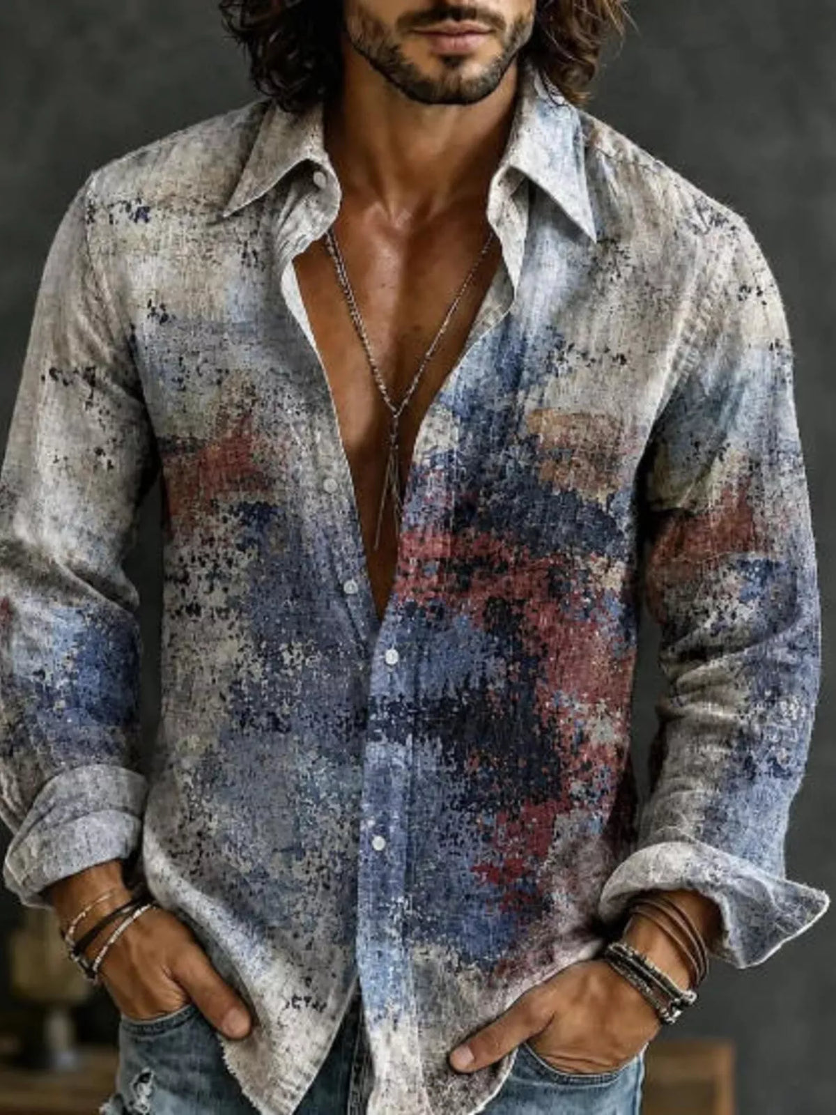 Speckled light gray and blue long-sleeve button-up shirt with chest pocket