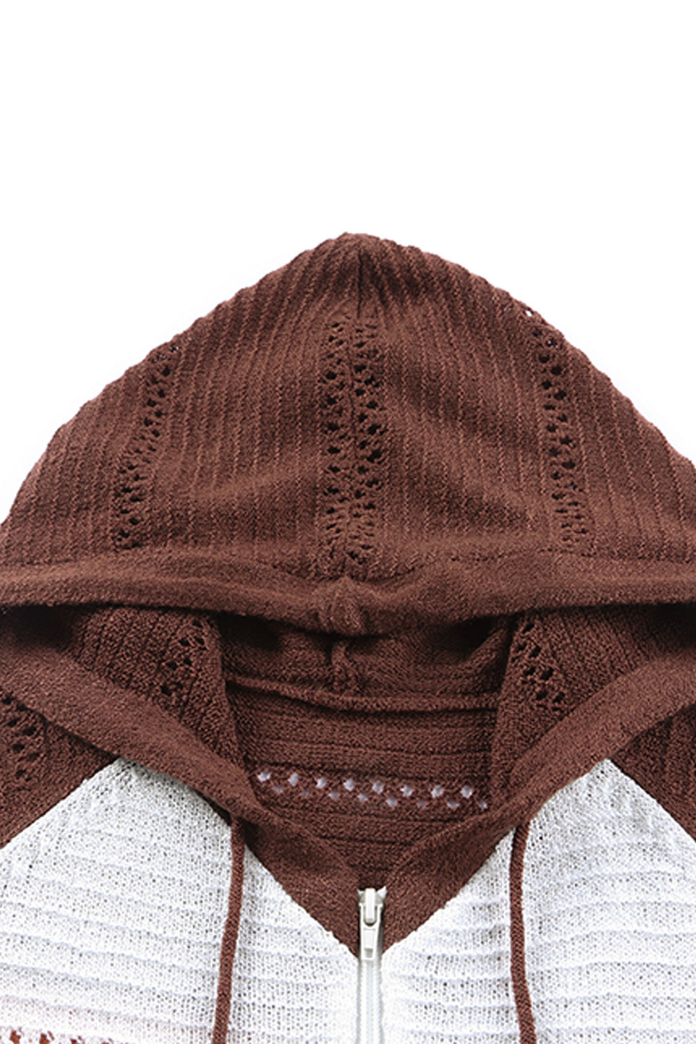 Openwork hooded zip-up cardigan in dark brown knit with drawstring hood