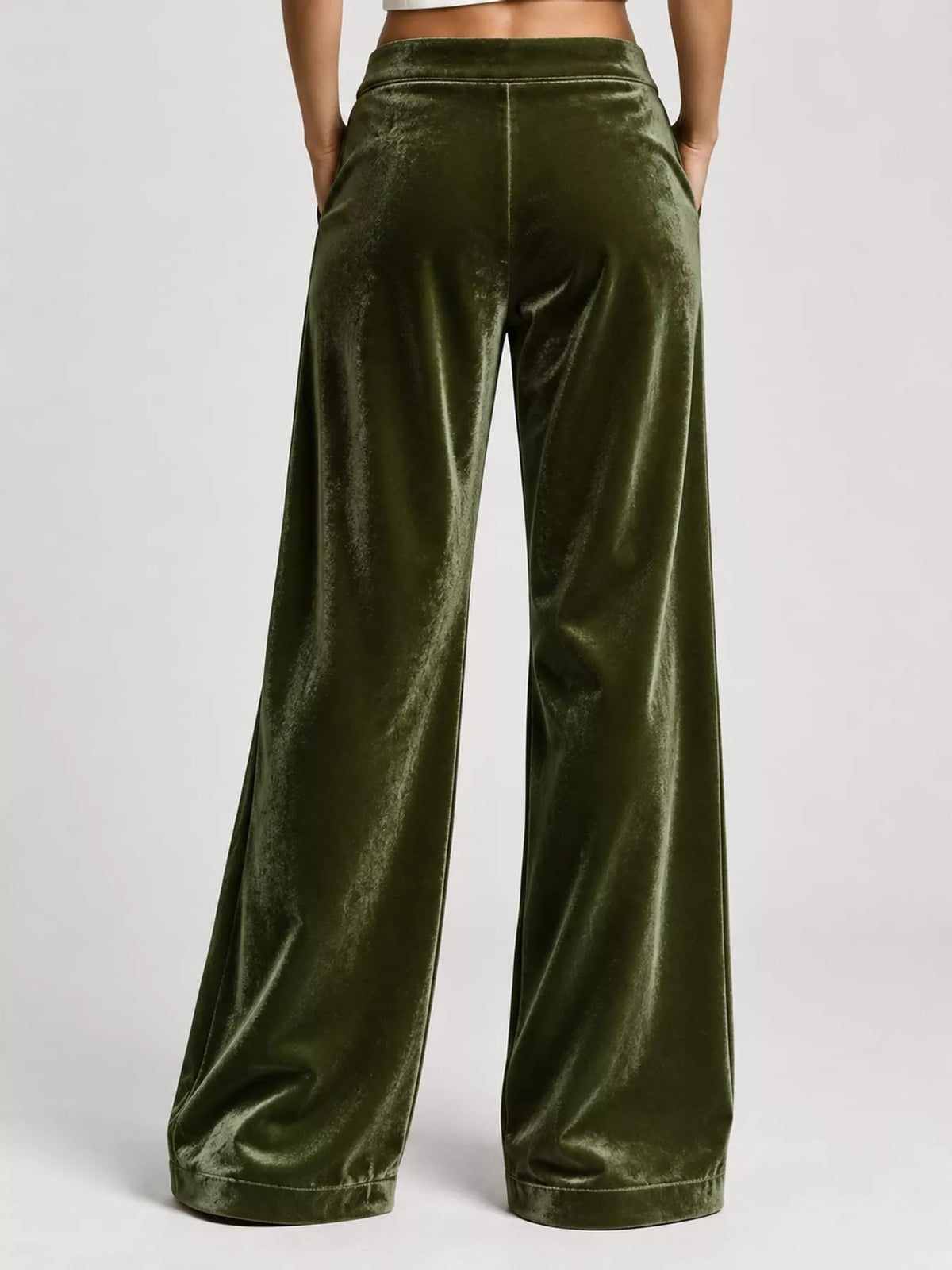 Army green high-waisted velvet wide-leg pants with front pockets and center seam