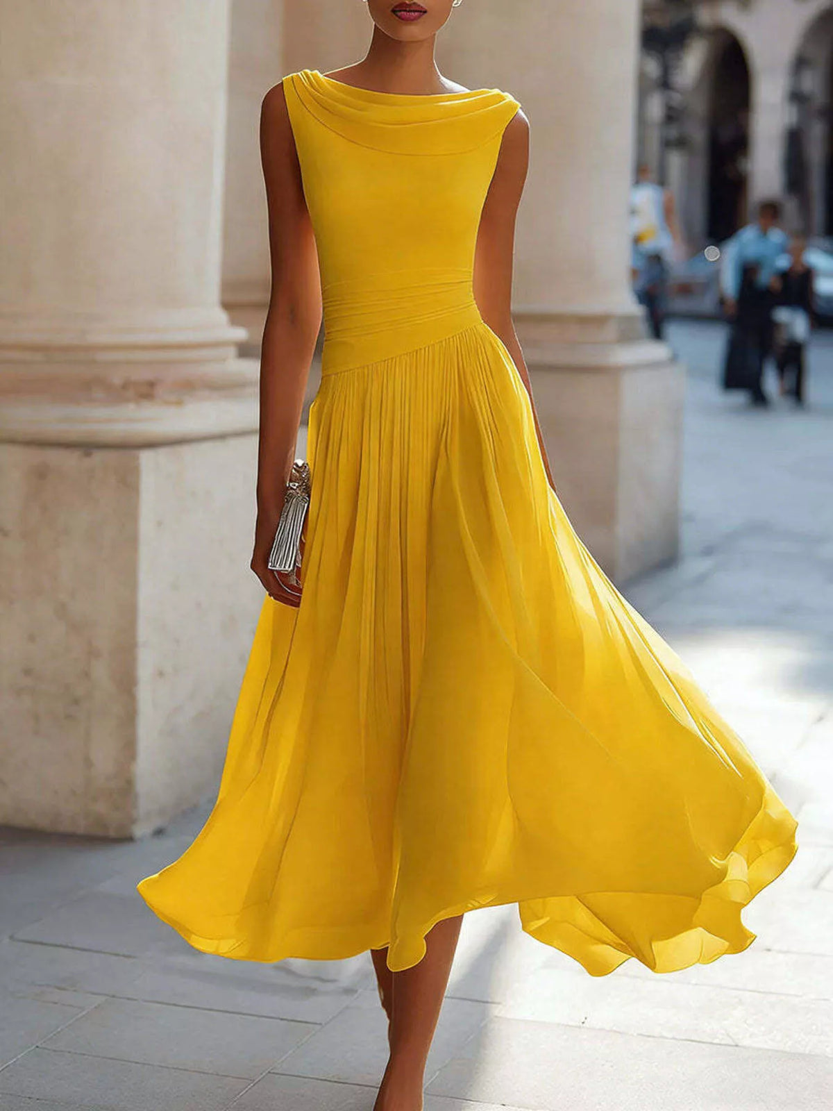 Yellow sleeveless cowl neck midi dress with gathered waist and flared skirt