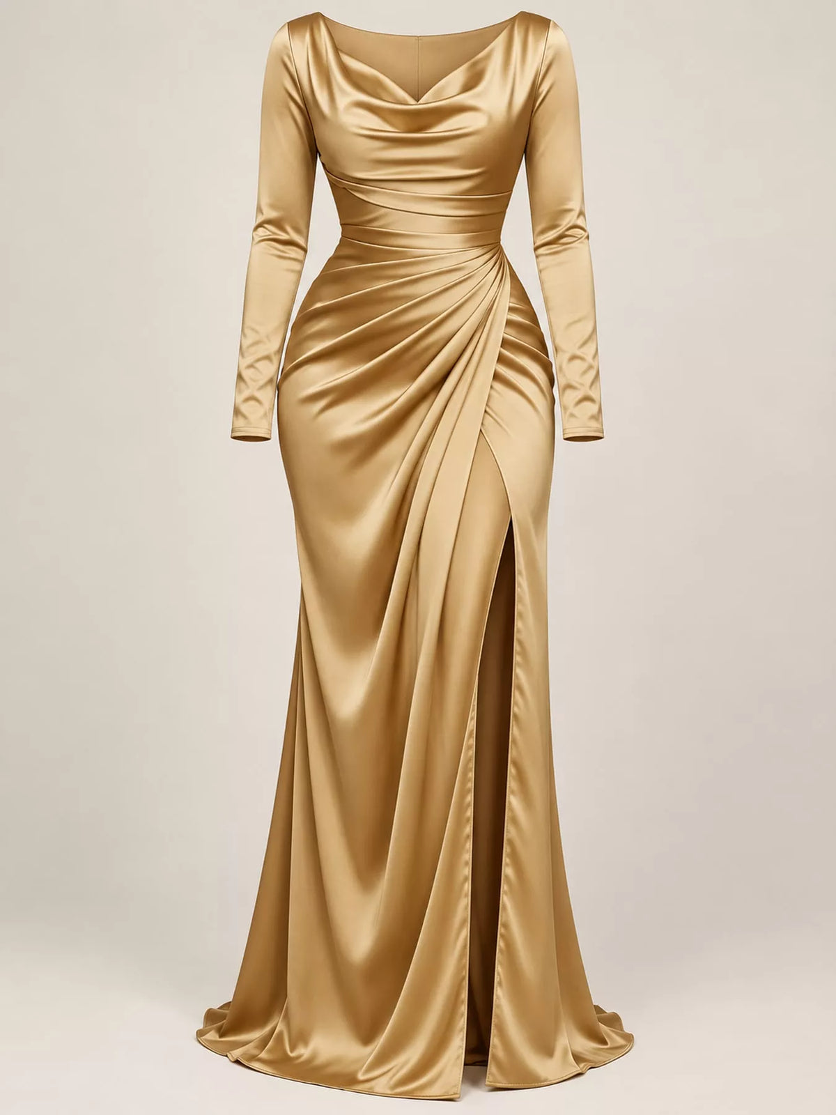 Gold satin cowl-neck evening maxi dress with long sleeves and high slit