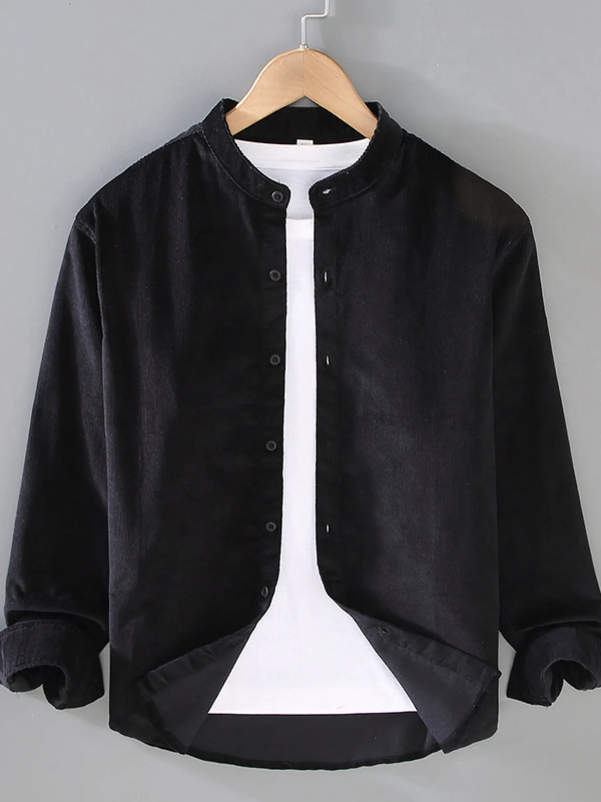 Men's long-sleeve button-up cotton shirt with stand collar, black front button placket