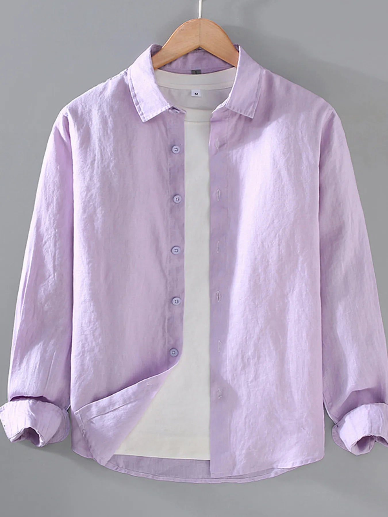 Lavender button-up long sleeve shirt with button placket and pointed collar