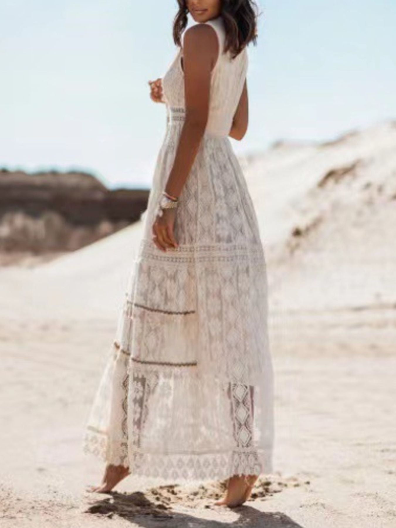Lace V-Neck Sleeveless Maxi Dress in white lace with tassels