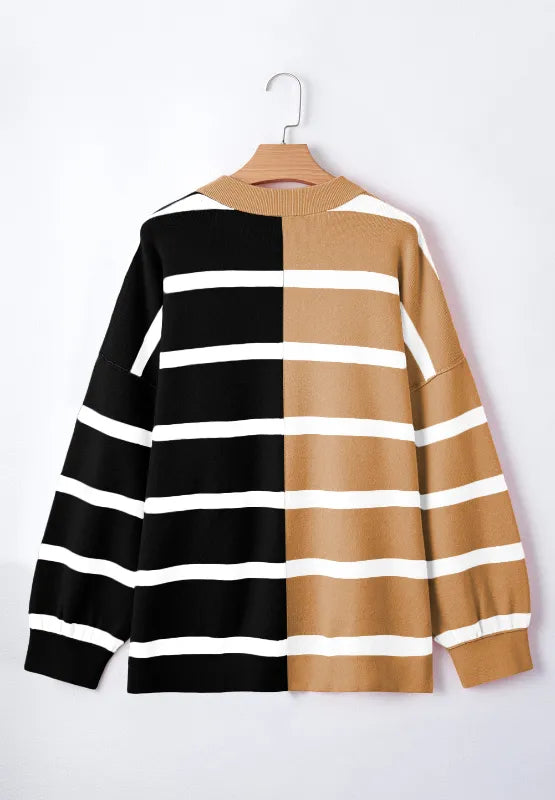 Contrast striped long sleeve sweatshirt on hanger, black and tan with white stripe pattern