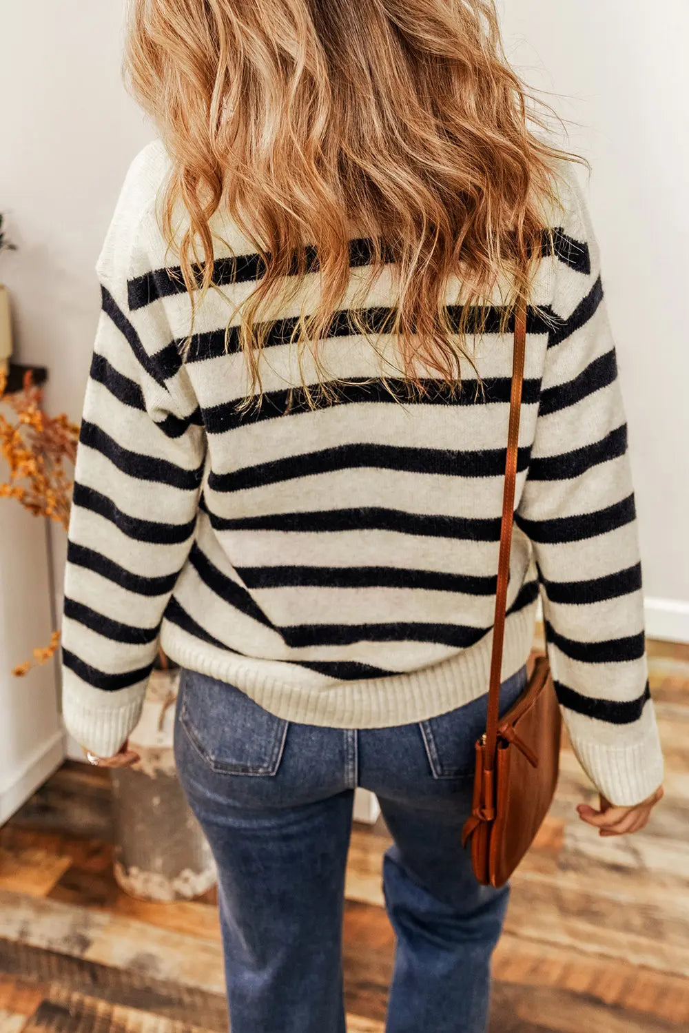 Striped collared knit sweater, cream and black horizontal stripes, long sleeves