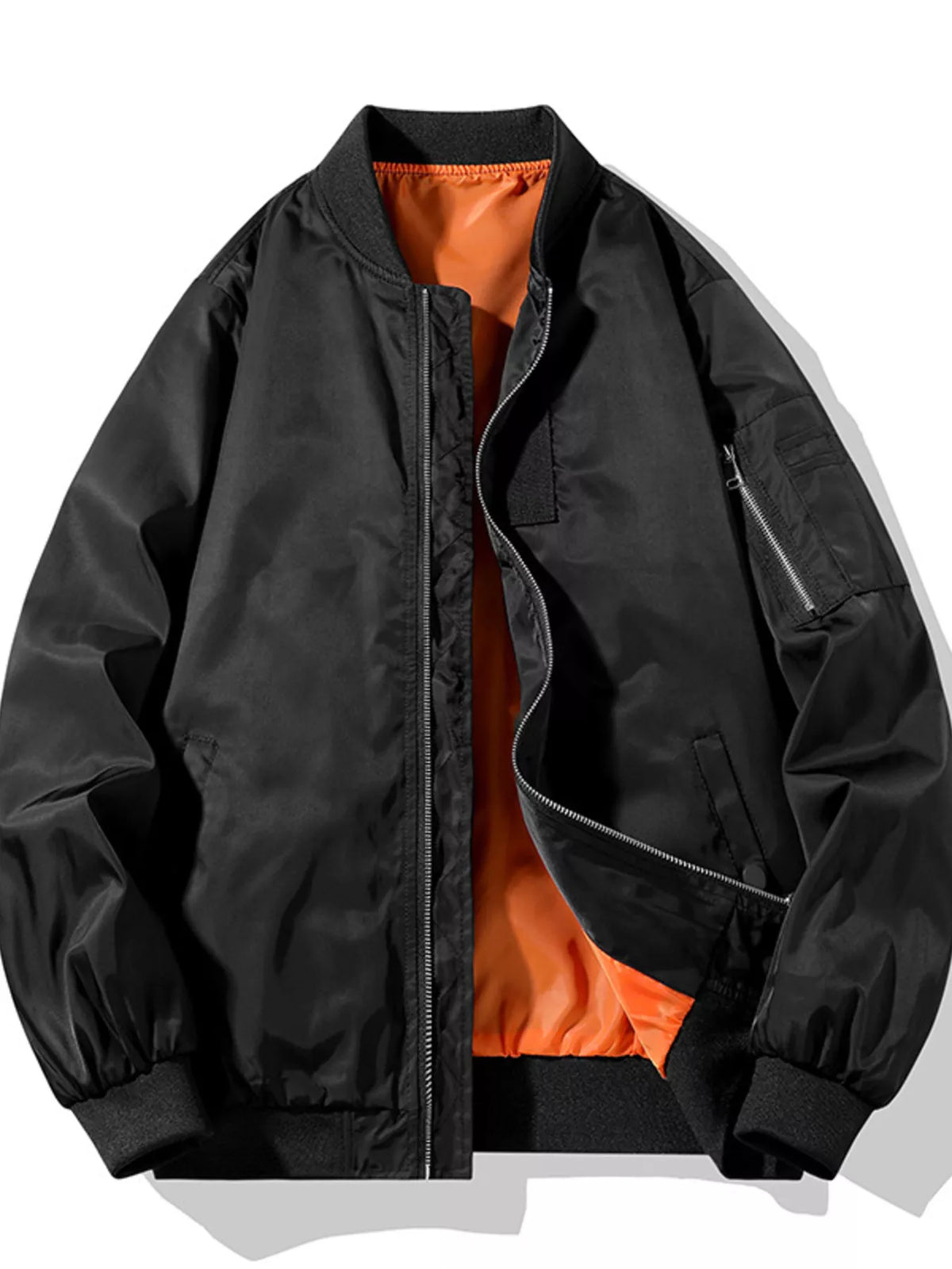 Black lightweight bomber jacket with orange lining, front zipper, and side zip pocket