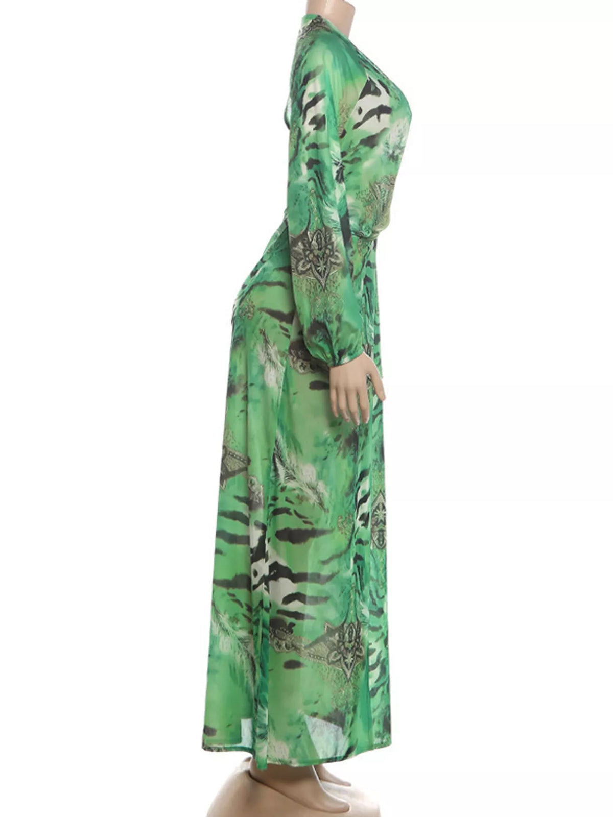 Green printed maxi dress back view with open V-style back and long flowy sleeves
