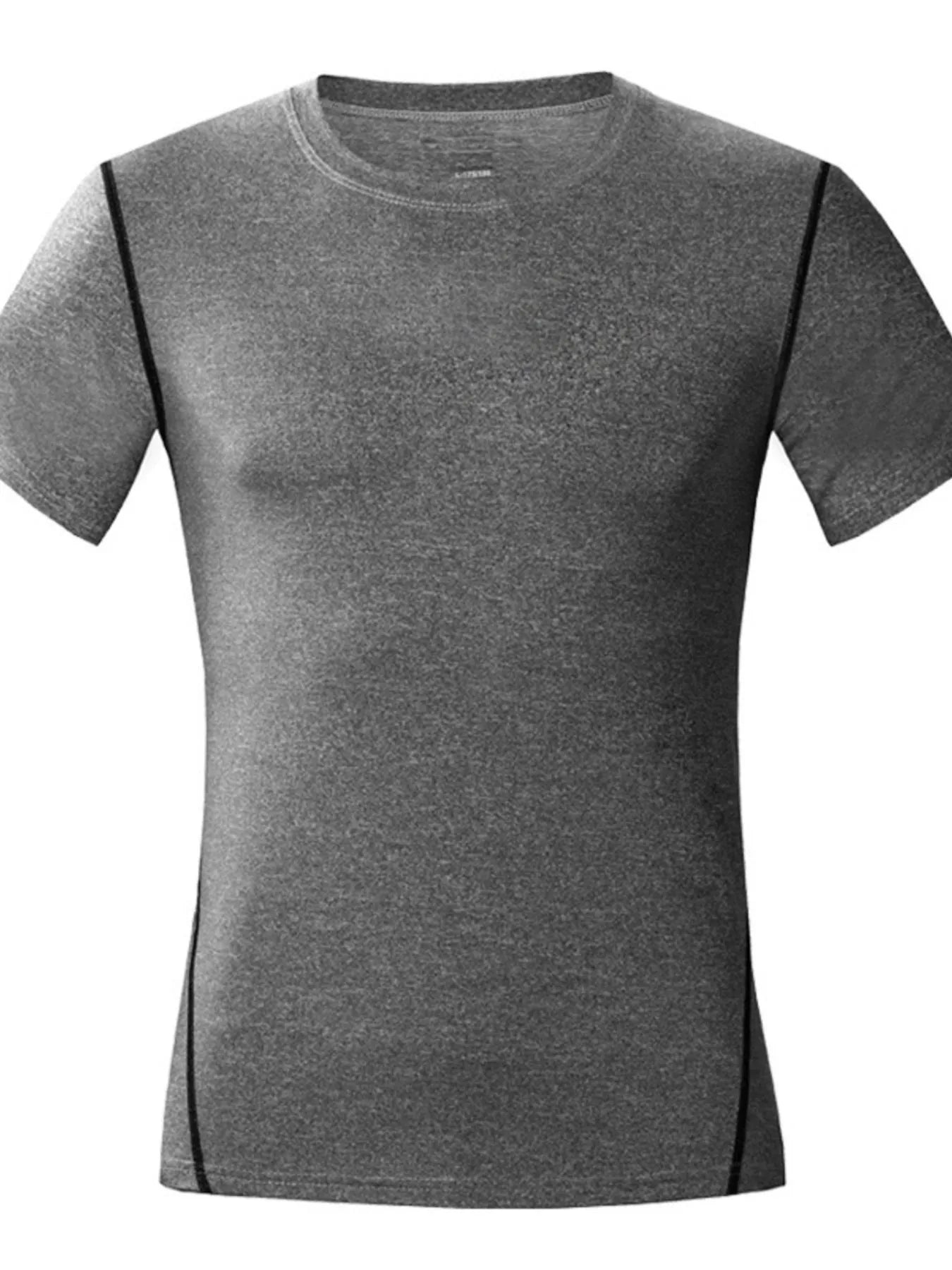 Moisture-wicking athletic T-shirt, heather gray with black side panels and crew neck