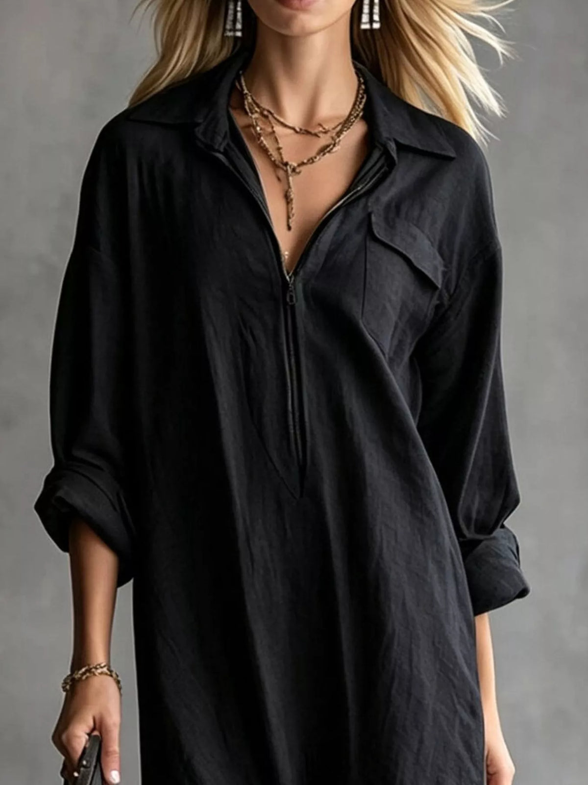 Black midi dress with front zipper and collared neckline