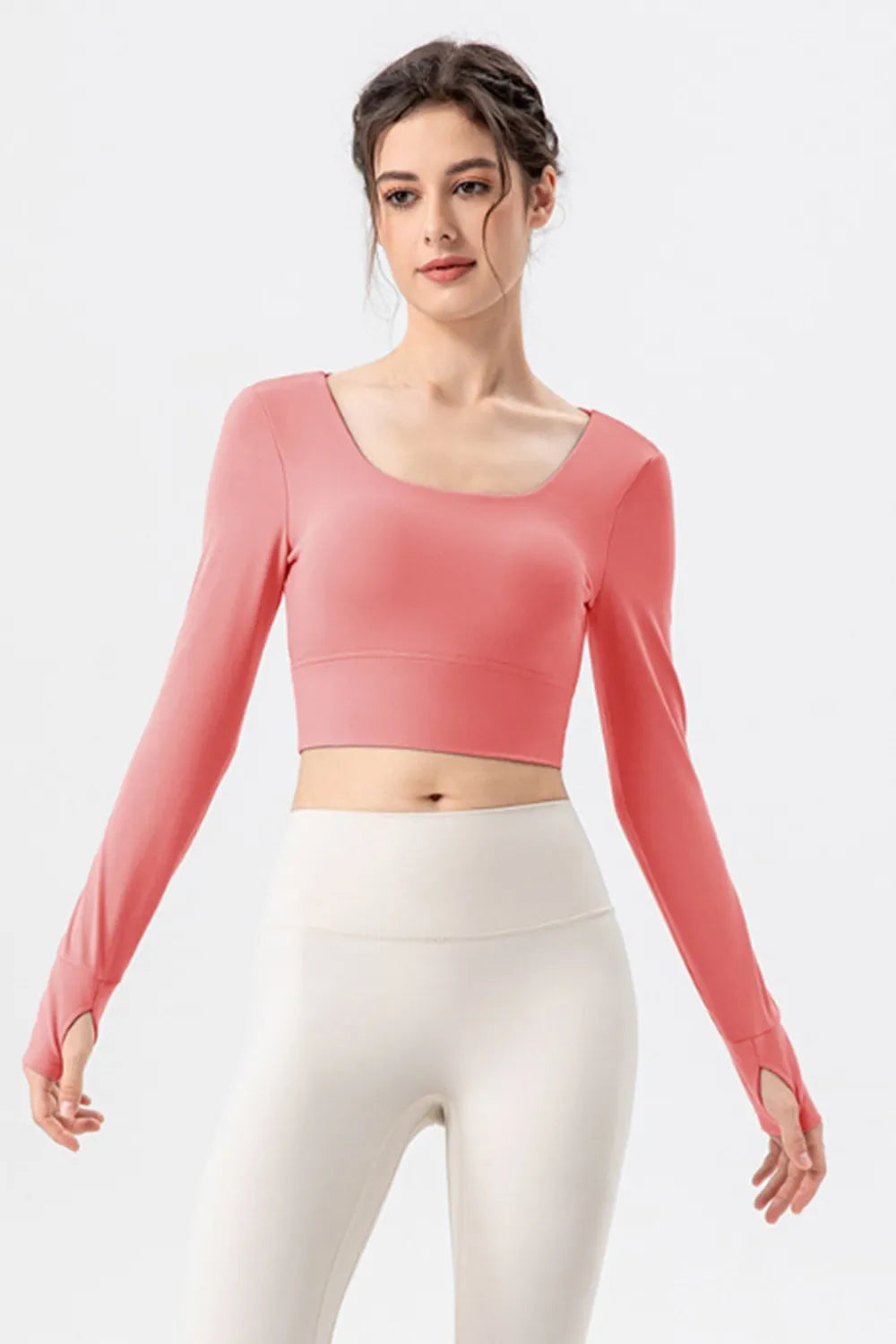 Hot pink long-sleeve active crop T-shirt with square neckline