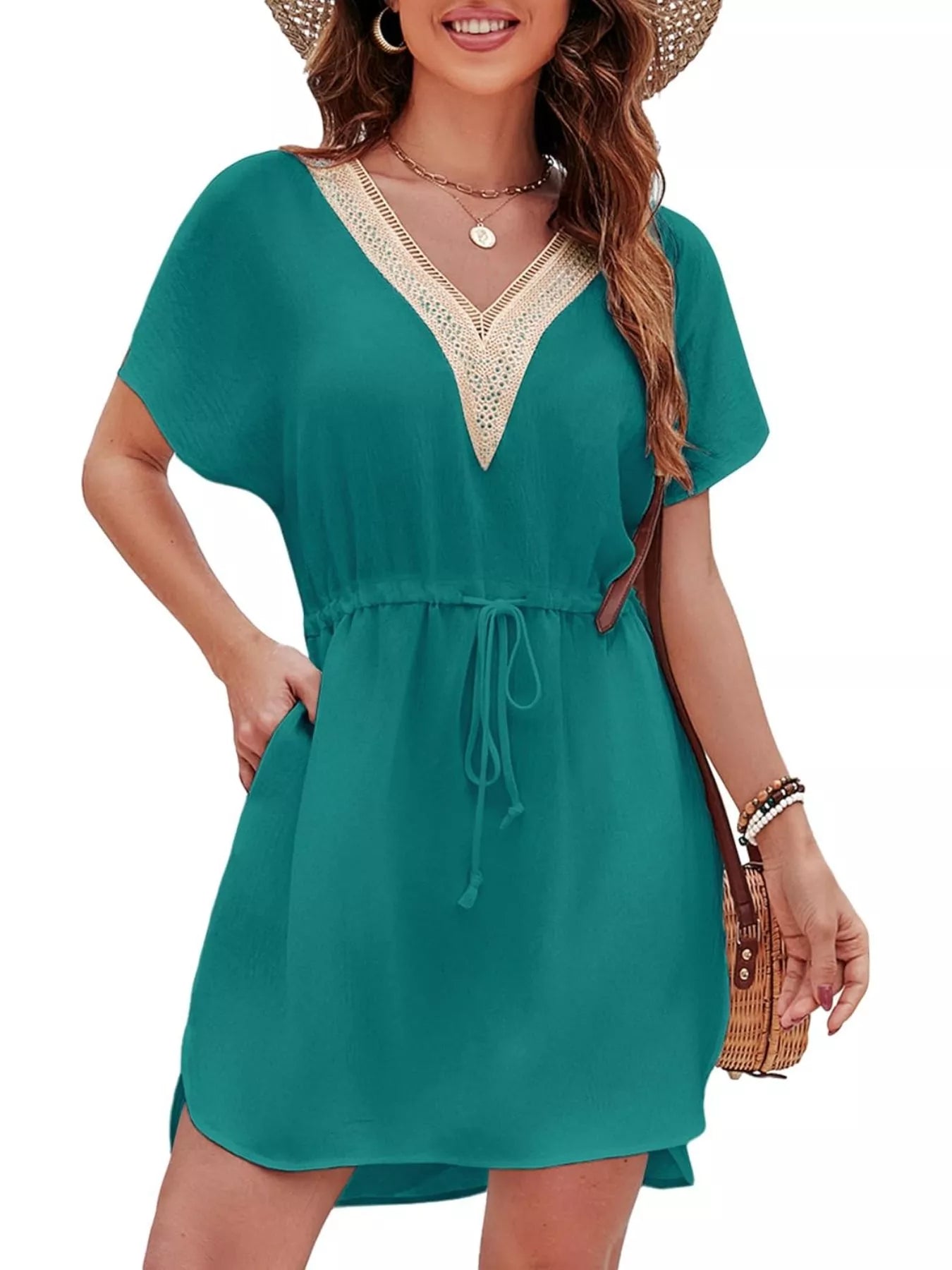 Drawstring Waist V-Neck Mini Dress in teal with lace neckline by Trendsi