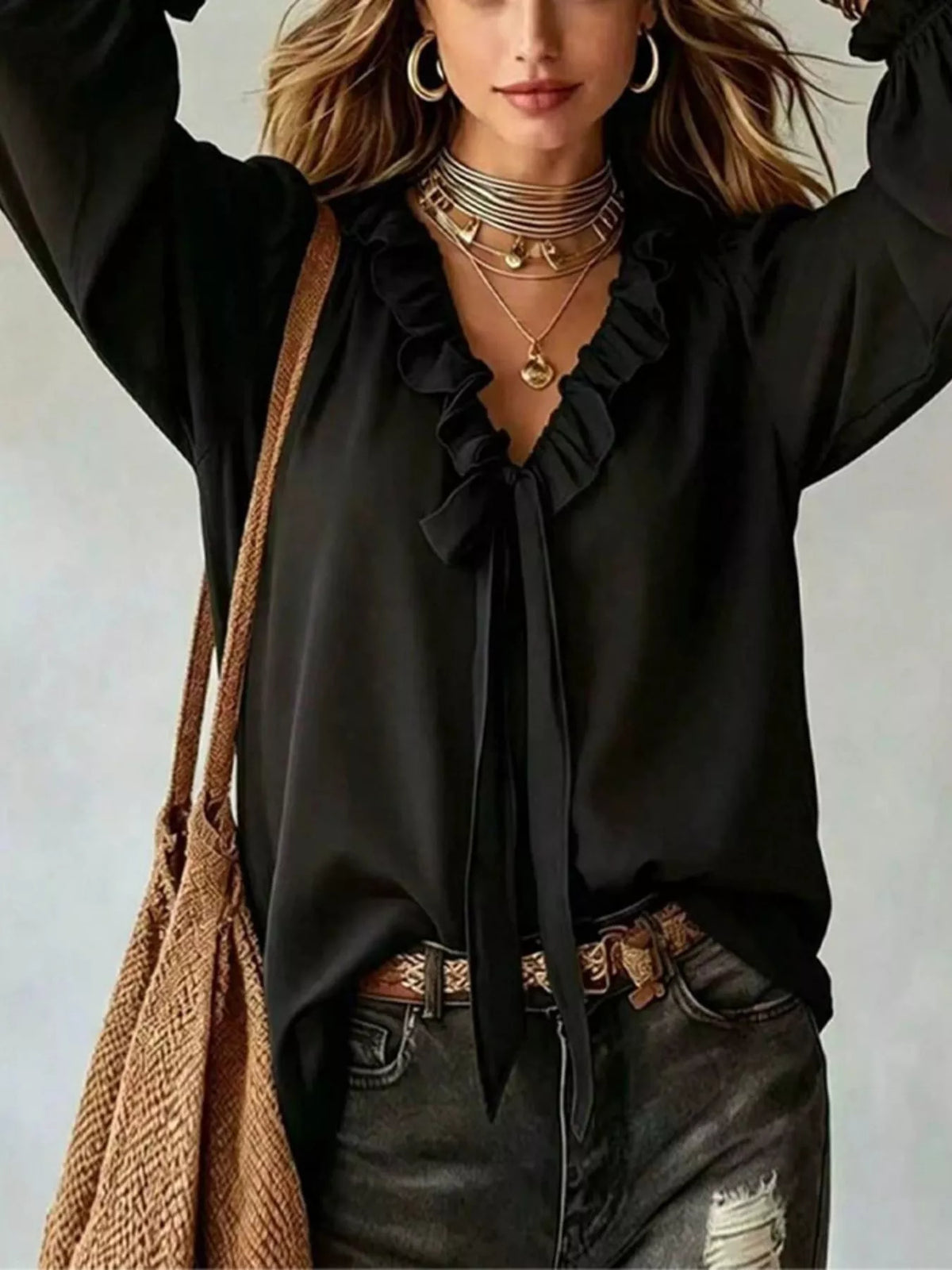 Black ruffle V-neck front-tie blouse top with long sleeves and gathered front trim