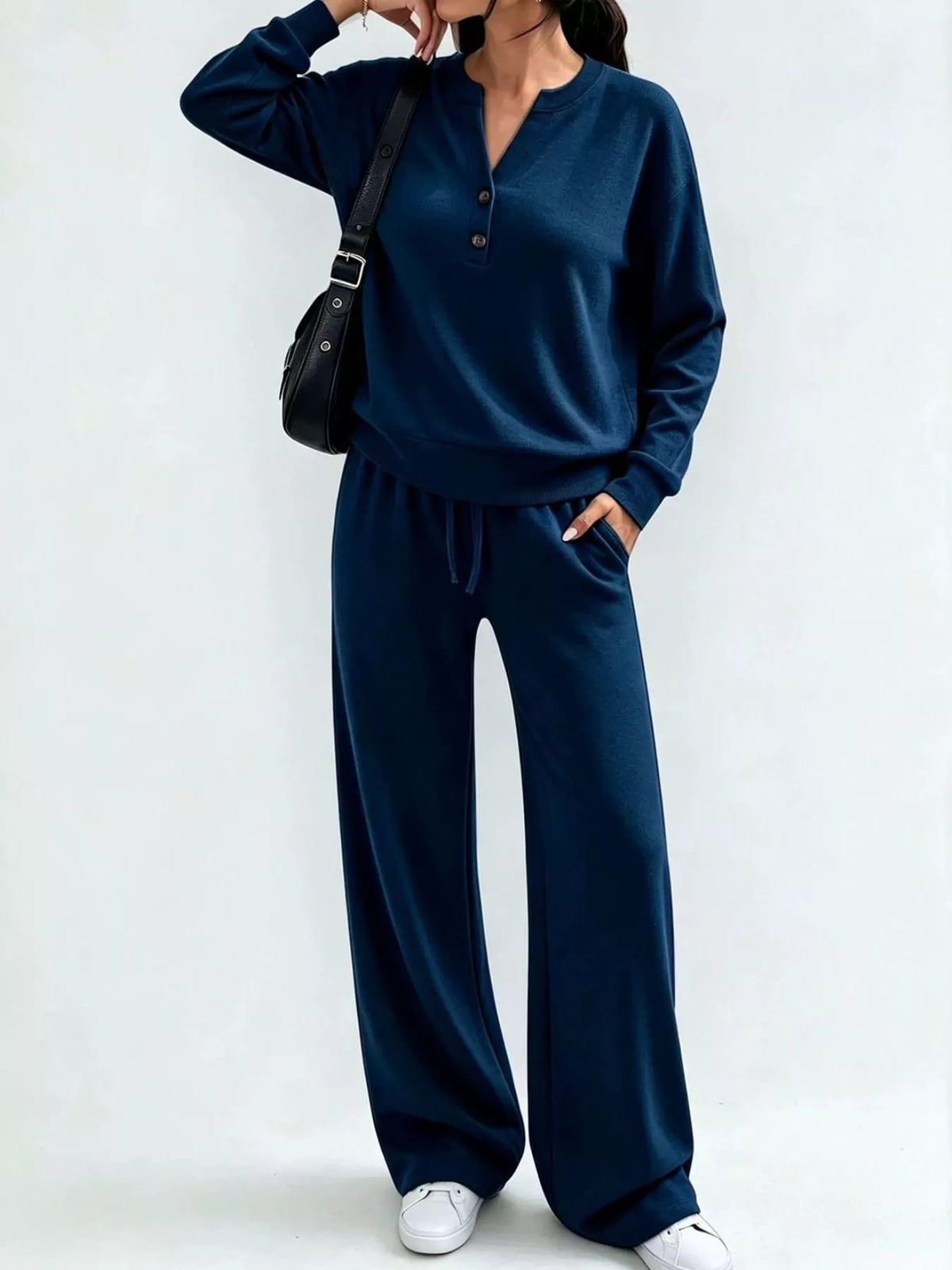 Women’s navy button-front top and wide-leg lounge pants set with drawstring waist
