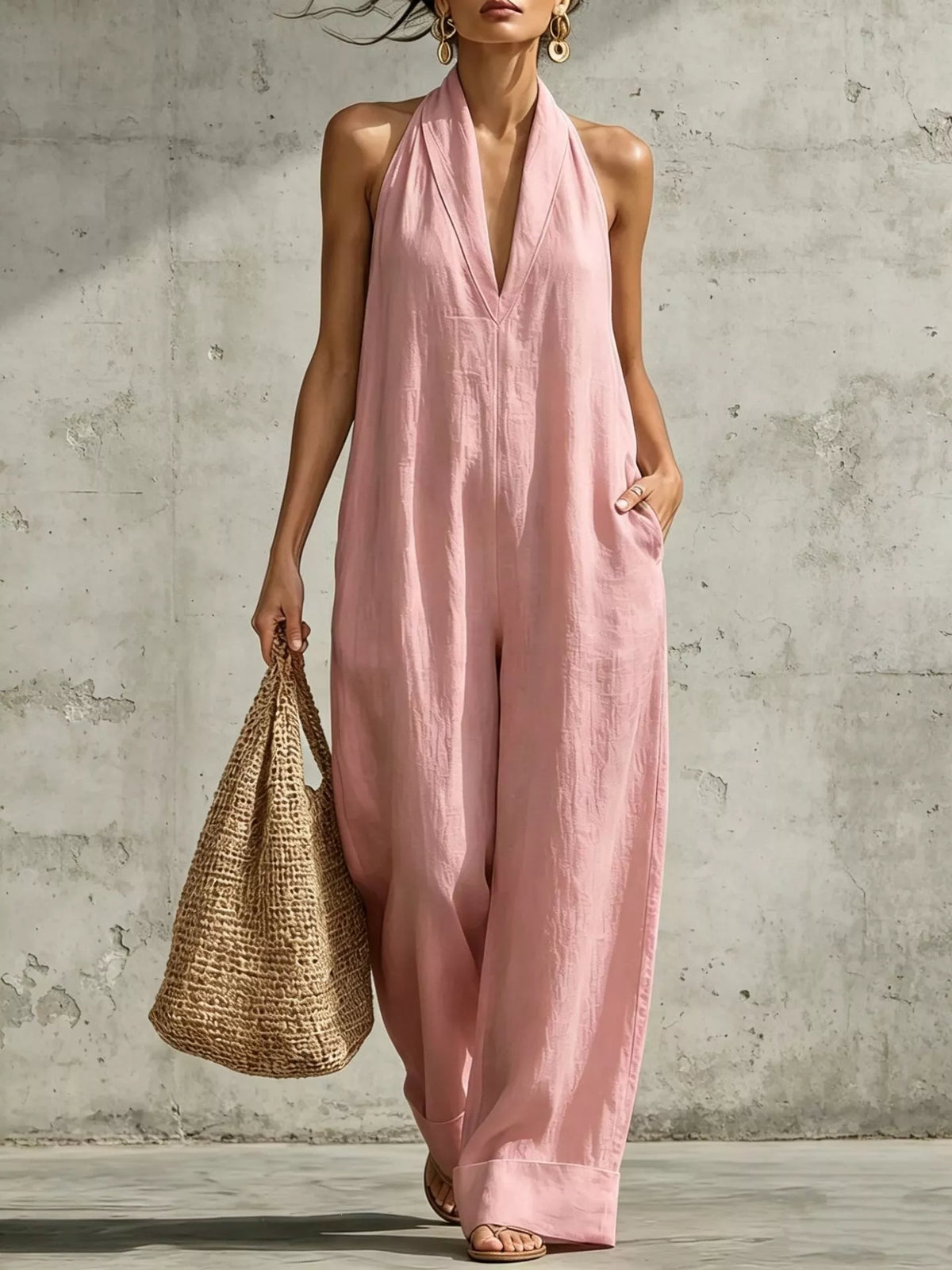 Pink halter-neck wide-leg jumpsuit with deep V neckline, sleeveless halter and wide draped legs.