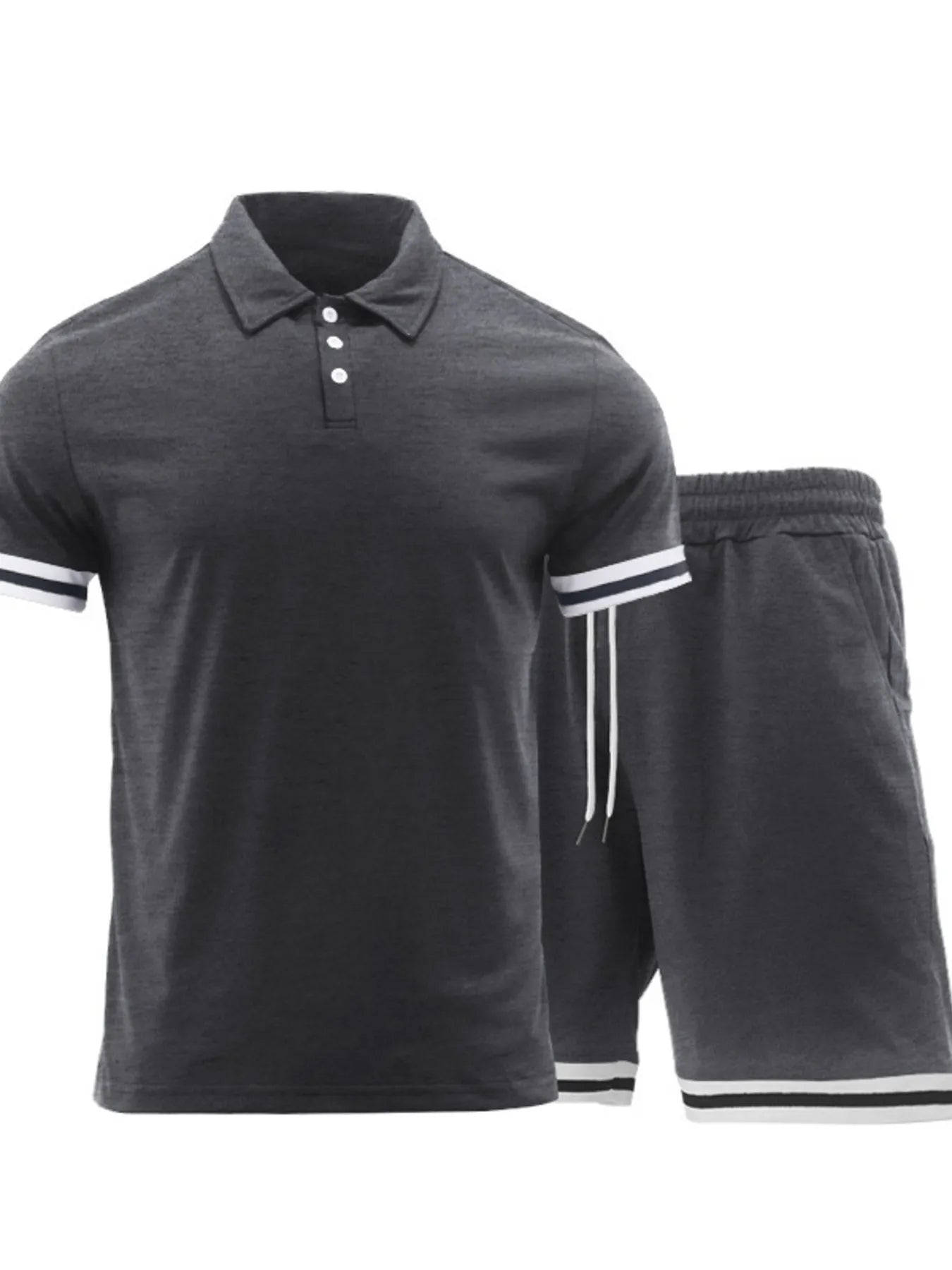 Men's light gray polo and shorts set with striped cuffs, button placket and drawstring.