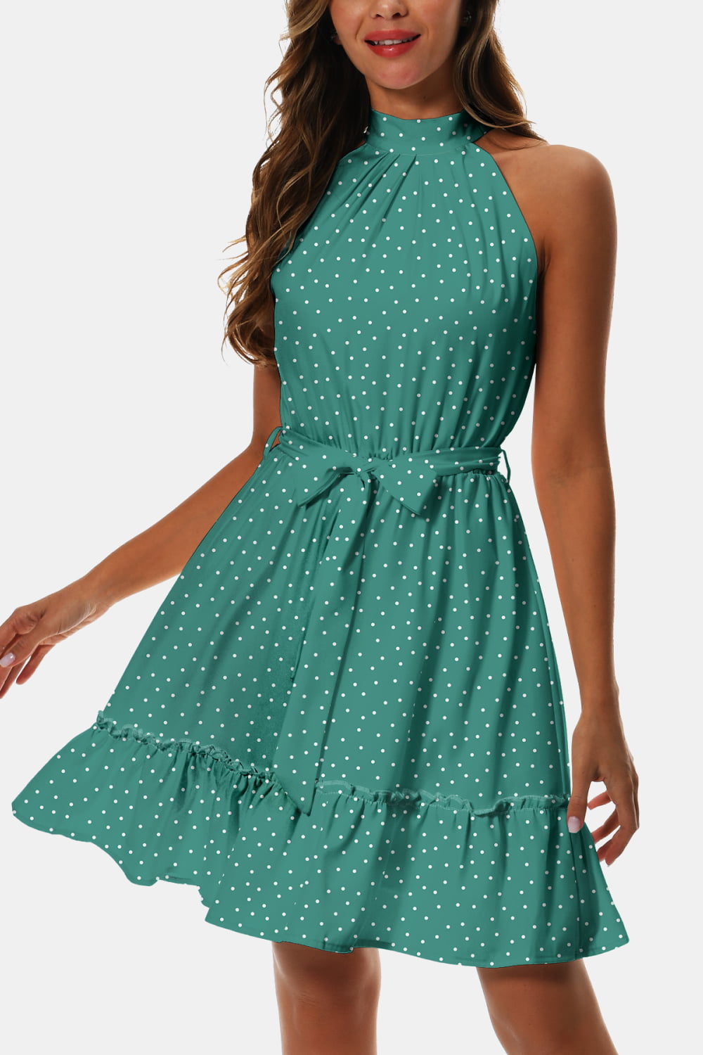 Turquoise dotted halter tie-waist frill-trim dress with layered skirt tiers