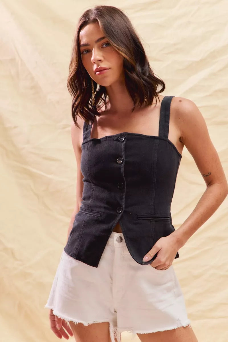 Black denim sleeveless button-front top with square neckline and cropped shape