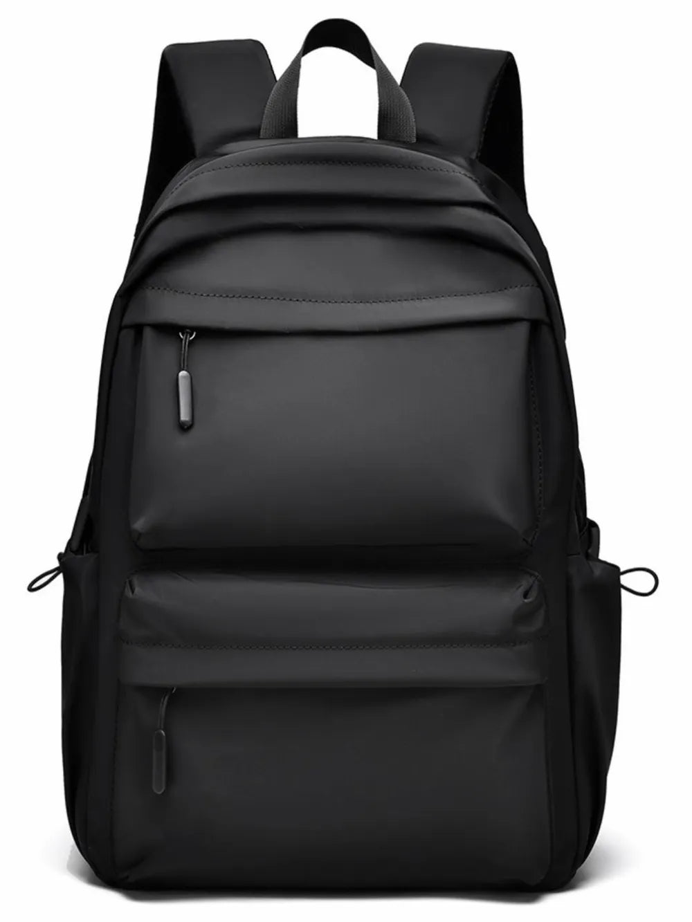 Black multi-pocket backpack with top handle, front zip pockets, and adjustable straps