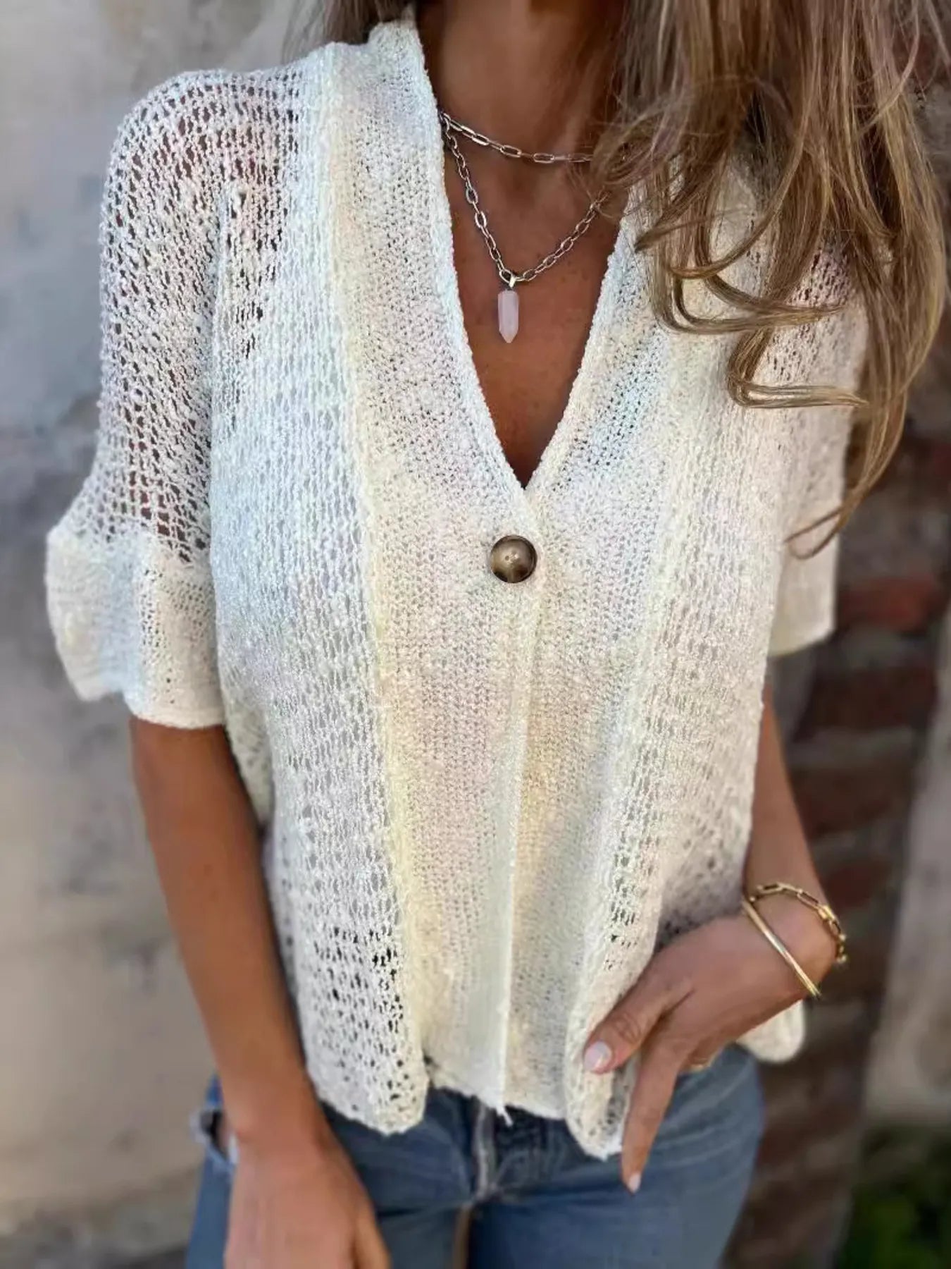 Light cream open-knit one-button half-sleeve cardigan with V-neck and loose sleeves