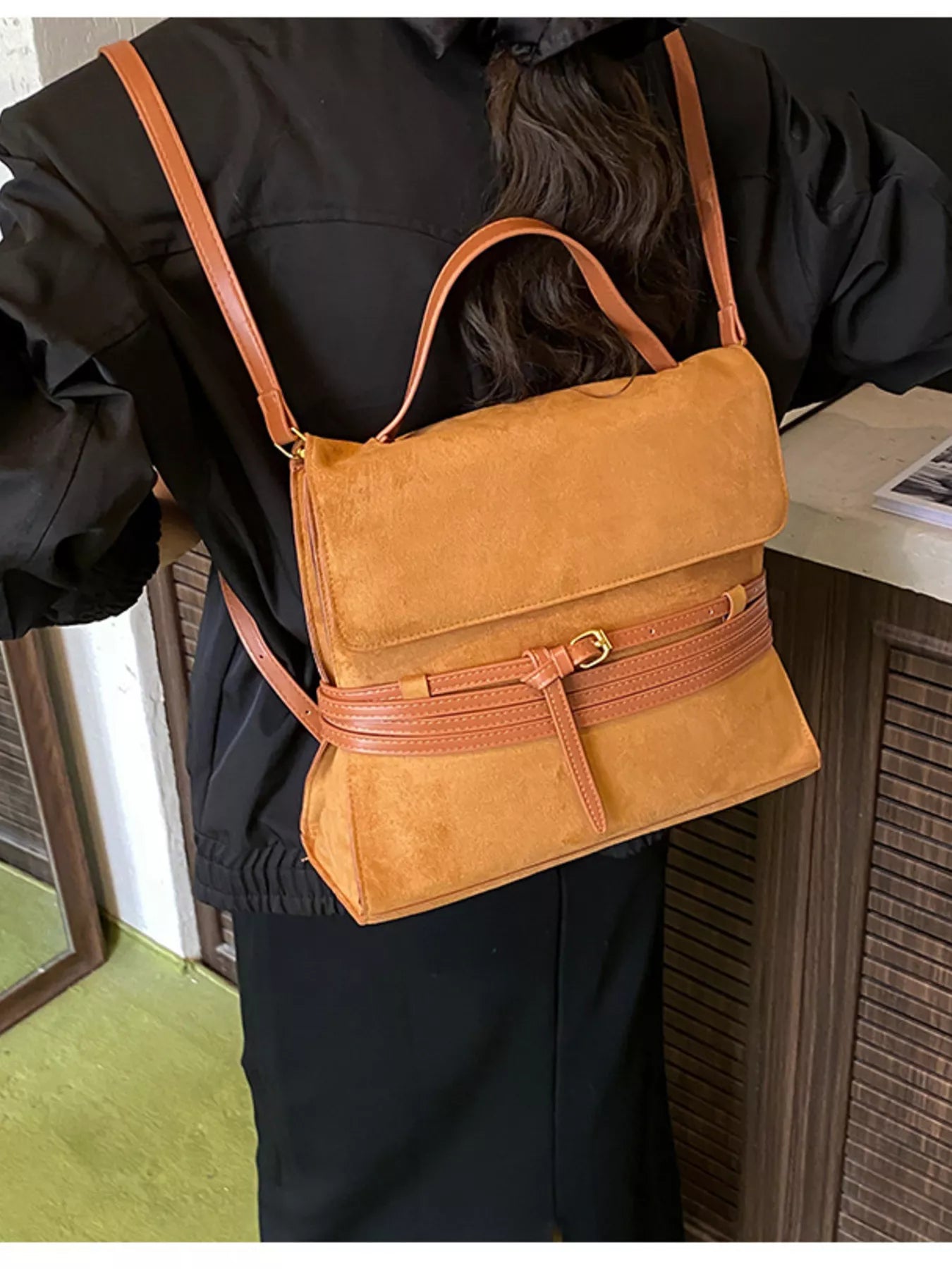 Cedar & Moore Suede leather backpack bag with belt decor, tan, medium size