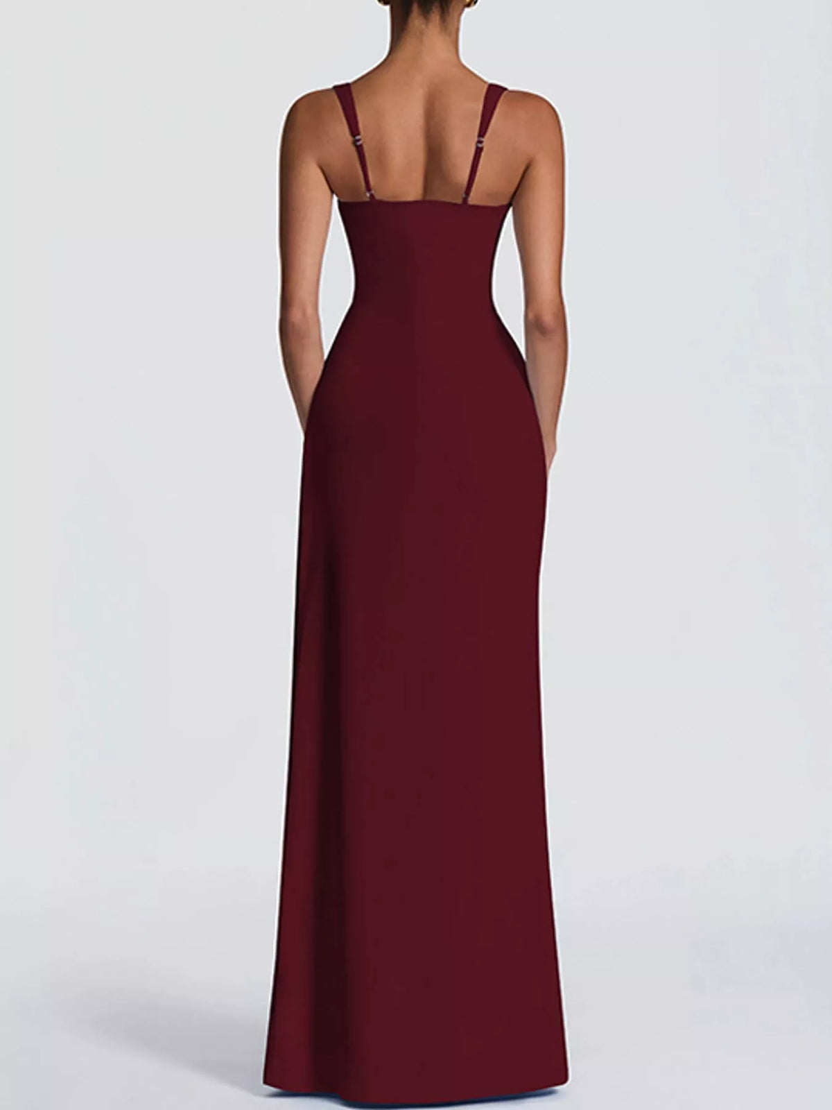 Burgundy backless maxi dress with spaghetti straps and smooth ruched bodice
