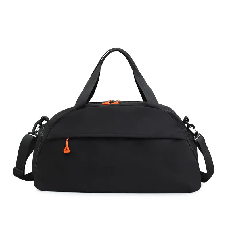 Large nylon travel duffle bag, black with orange zipper pull and side straps